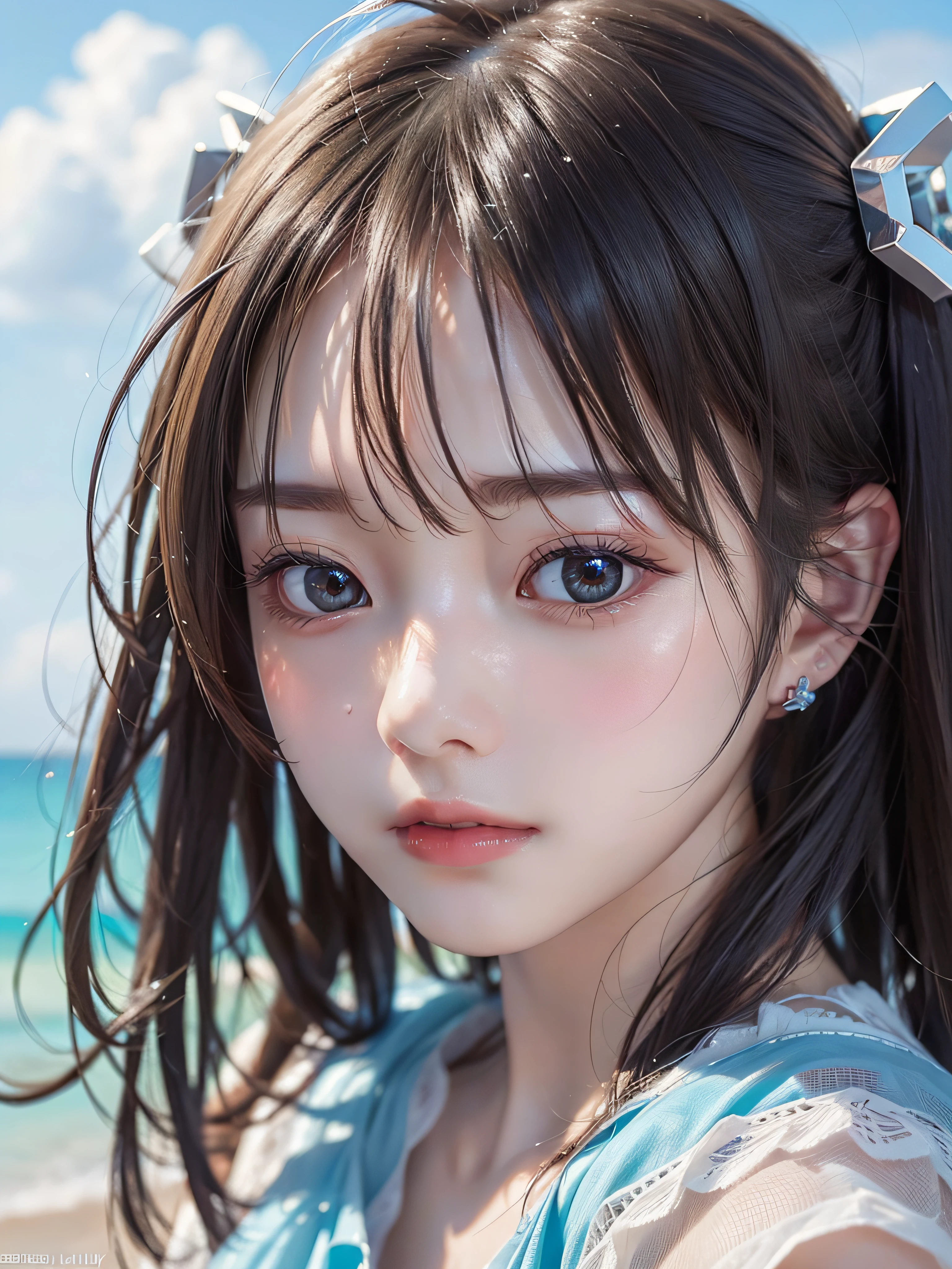 (Surreal)、(hight resolution)、(8K)、 (ighly detailed)、(Ultra clear skin pores)、(top-quality、masterpiece:1.3)、a beauty girl、Beach background、It's hot