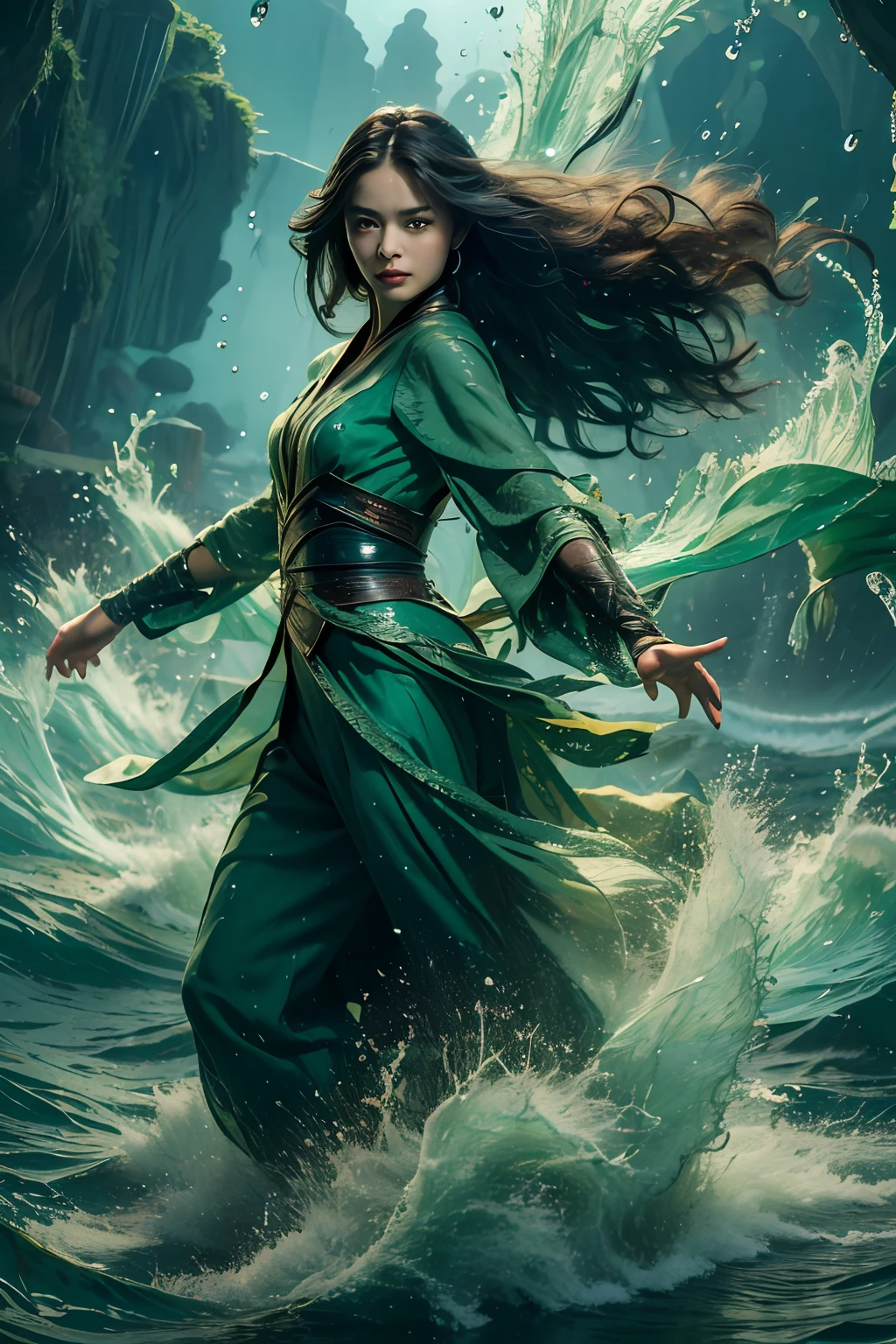 The best picture quality, masterpiece, super high resolution, legendary plot, jade water tree, girl solo, dark green long hair, floating in the sea, water ripples, rain flying, red lips slightly opened, the whole body shines.