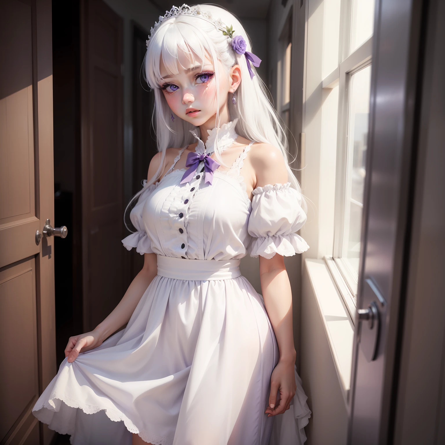 a girl, white hair, purple eyes, white dress