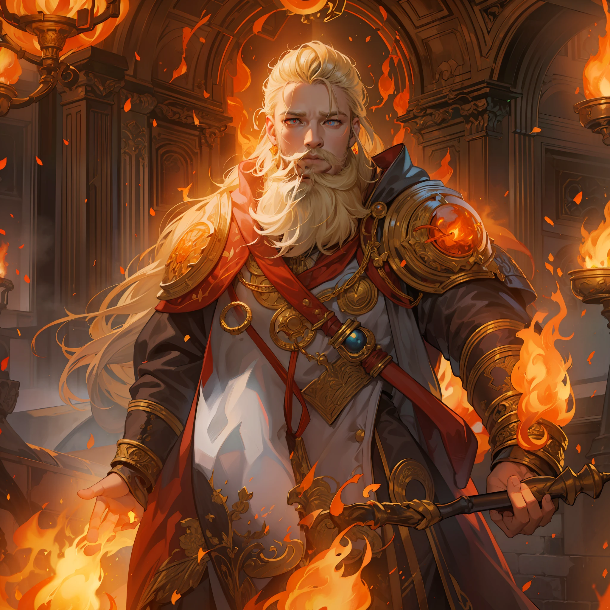high details, best quality, 8k, [ultra detailed], masterpiece, best quality, (extremely detailed), dynamic angle, ultra wide shot, RAW, photorealistic, fantasy art, dnd art, rpg art, realistic art, an ultra wide picture of a male dwarf (1.5 intricate details, Masterpiece, best quality) fire mage casting ((fire control spell)), fire wizard ((fire magic,intense magic details)), ((controling a swirling fire flames)), manipulating fire magical sigils, male dwarf, blond  hair, blond beard, hair with fiery edges, intense eyes, ((fiery eyes)), ((glowing eyes)), armed with fiery staff, wearing magic robe, fiery background, dwarf forge background ((magical atmosphere)), high details, best quality, highres, ultra wide angle