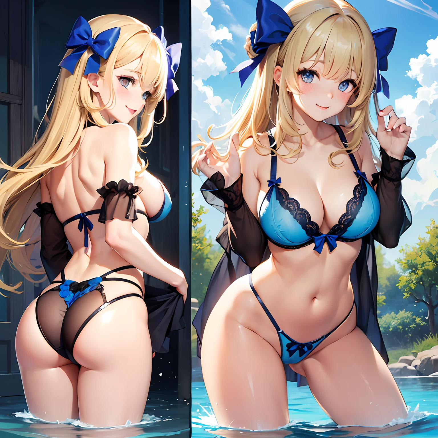 (Naked:1.4), (Lingerie transparent:1.2),(Clear bikini:1.3),(Blushing face:1.4), Smiling, Cowboy shot, ((G cup)),black in color,Cock your ass,angle from behind,blonde with blue eyes,cabelos preto e longos,spread thighs,florals, Bow knot, Blushlush,Playing in the water