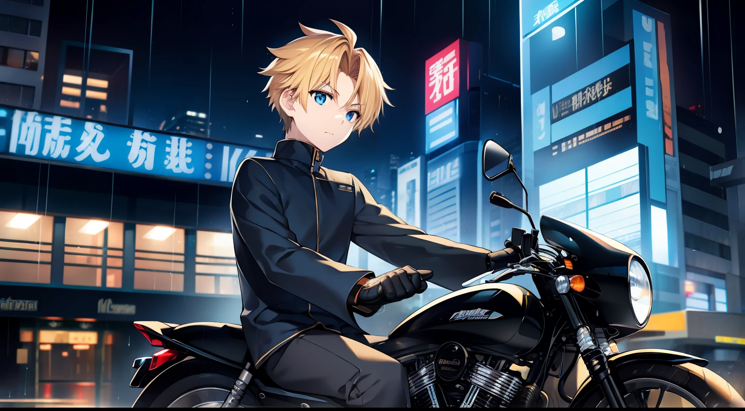 1boy,Drive a motorcycle,Faraway view,Golden hair,pony tails,blue color eyes,the night,Rainy days,city neon light,校服