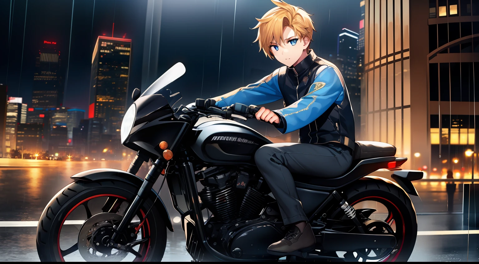 1boy，Drive a motorcycle，Faraway view，Golden hair，pony tails，blue color eyes，the night，Rainy days，city neon light，校服