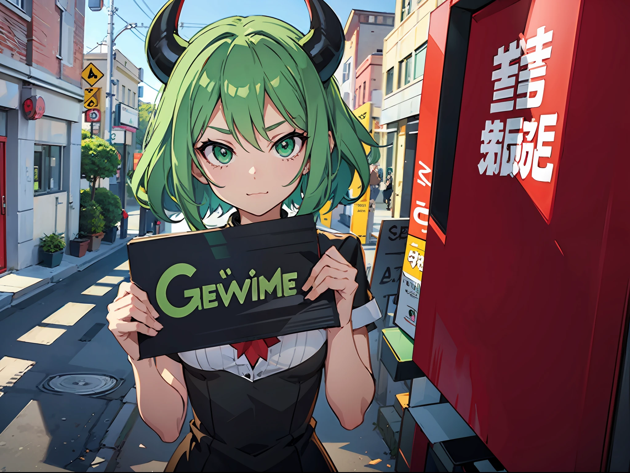 1girl, green lime hair, green eyes, devil horns, black horns, holding a sign, hands holding a cardboard sign, anime, cartoon, 4k