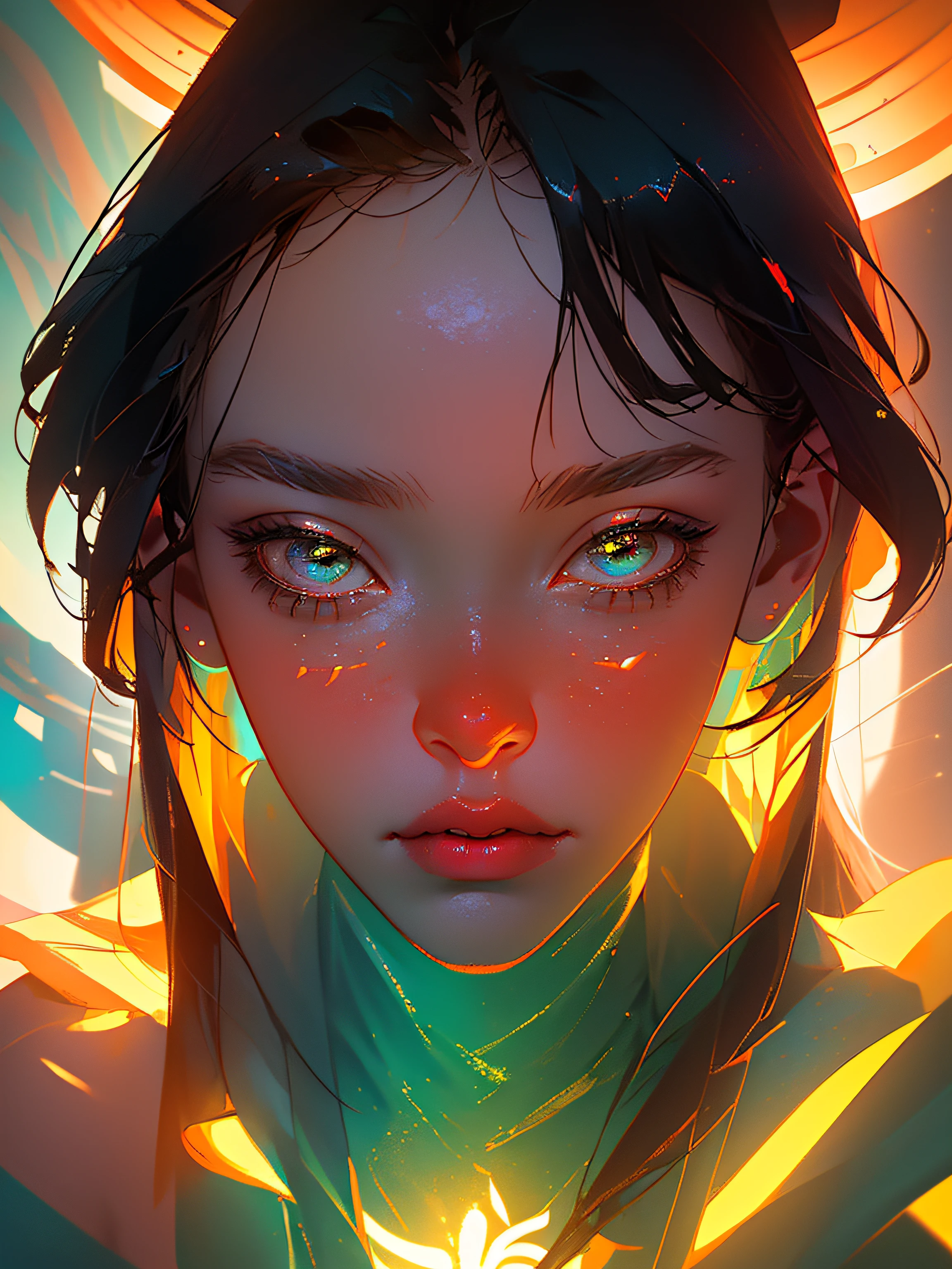((best qualified)), ((masterpiece)), ((realistic)), (detailed), reflective luminous white:1.5, bright orange texture:1.3, ung woman in sticky overalls, sexy, top-down photo, lots of neon glow mushrooms, mandala, cinematic, sharp, ray tracing, brightness, luminosity