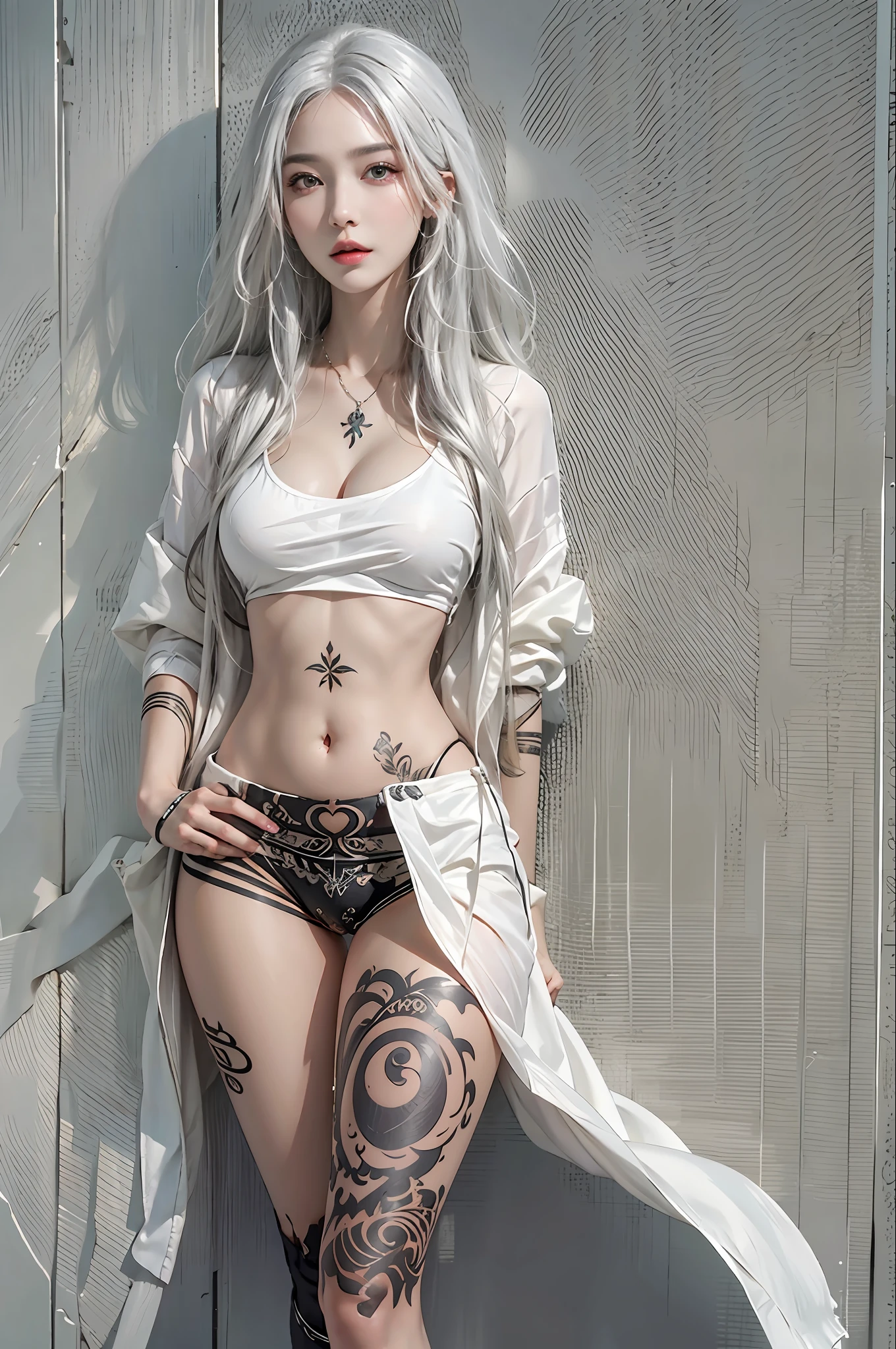 photorealistic, high resolution, 1women, solo, hips up, look at viewer, (detailed face), white hair, long hair, medium breasts, belly tattoo