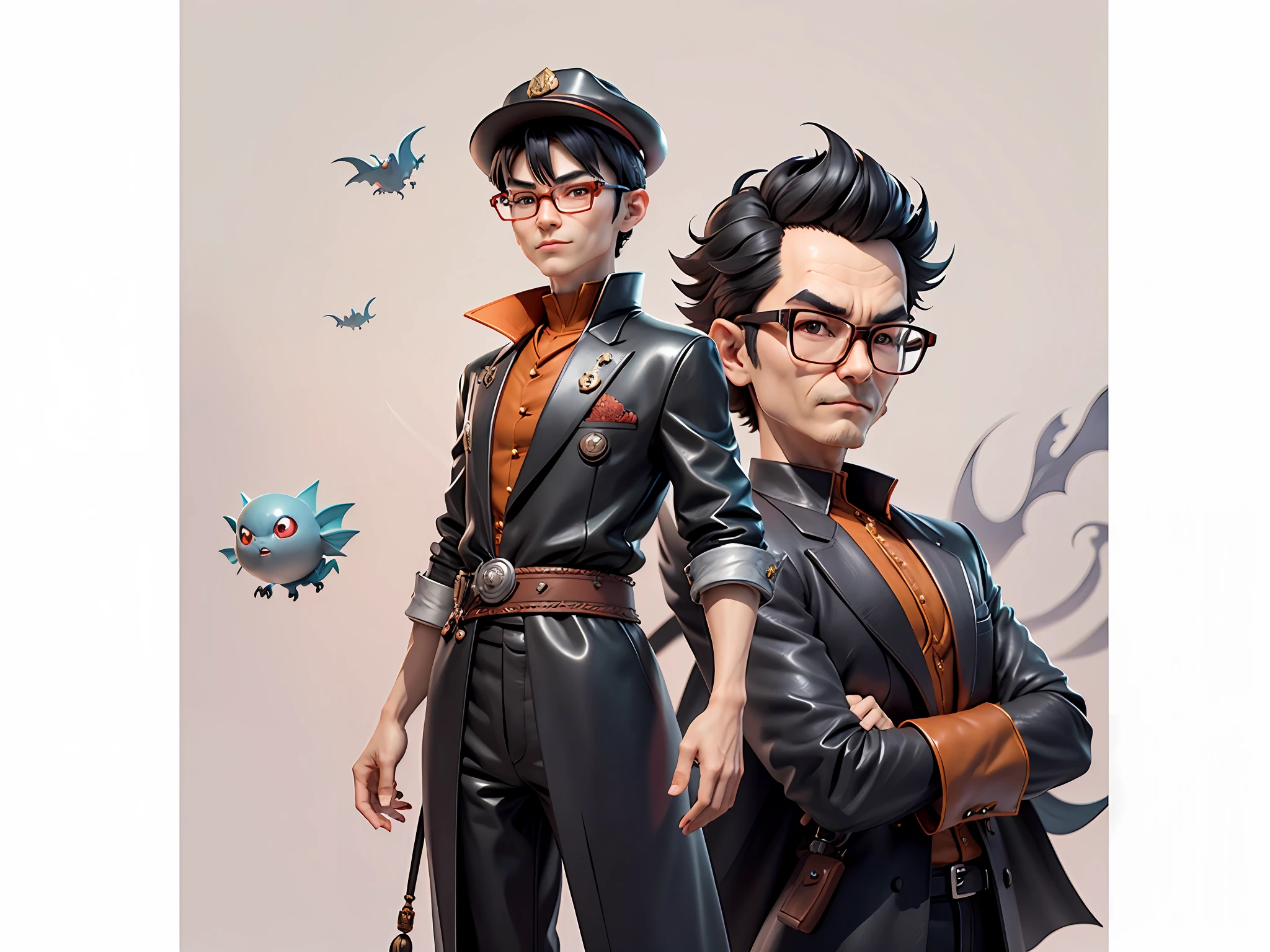 Young man with oriental face in leather hat, dragon, formal suit, short black hair, silver glasses, digital painting, 3D character design by Mark Clairedon and Pixar and Hayao Miyazaki and Akira Toriyama, the illustration is a high-definition illustration in 4K resolution with very detailed facial features and cartoon-style visuals.