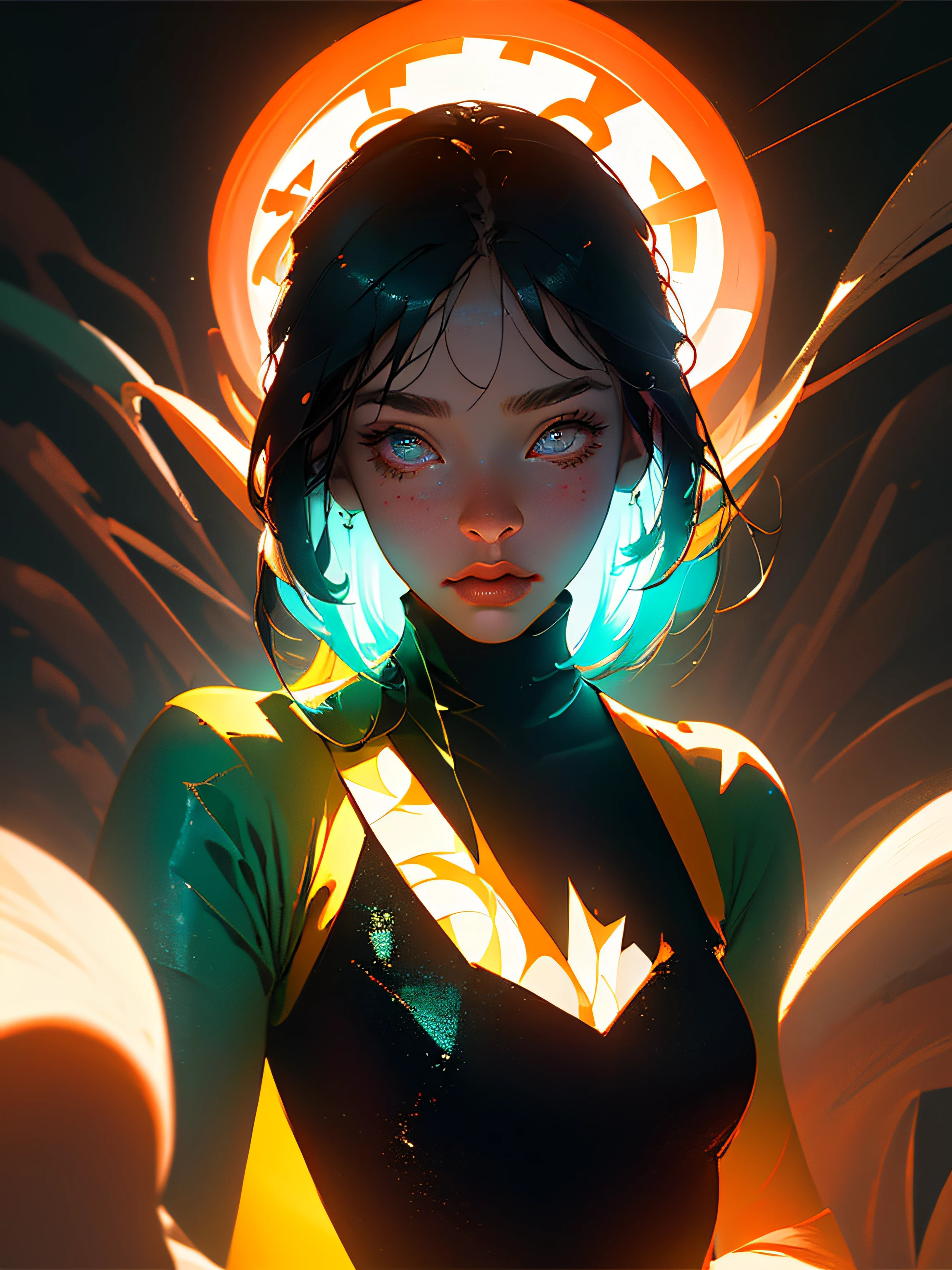 ((best qualified)), ((masterpiece)), ((realistic)), (detailed), reflective luminous white:1.5, bright orange texture:1.3, 1 young woman in sticky overalls, sexy, top-down photo, lots of neon glow mushrooms, mandala, cinematic, sharp, ray tracing, brightness, luminosity