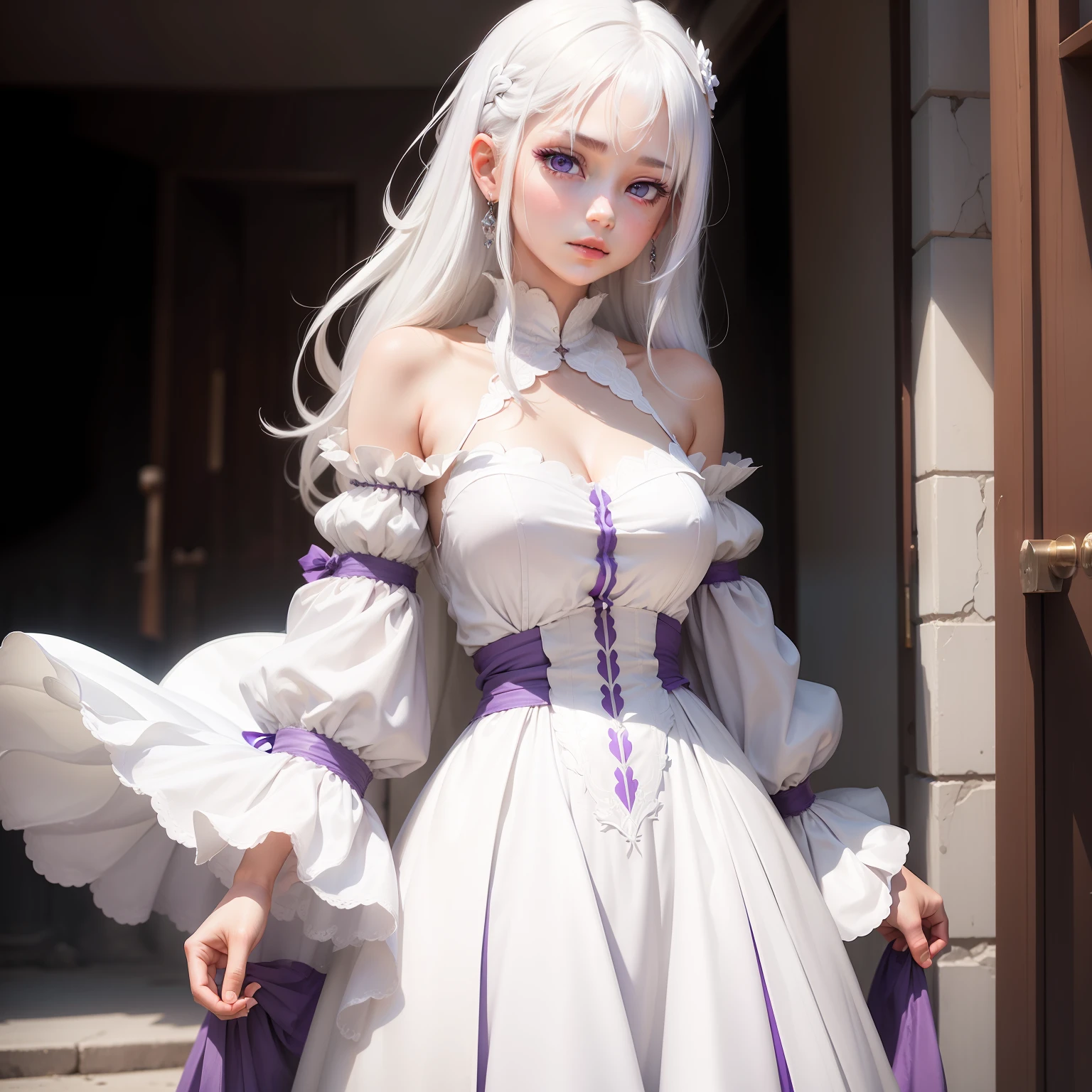 a girl, white hair, purple eyes, white dress