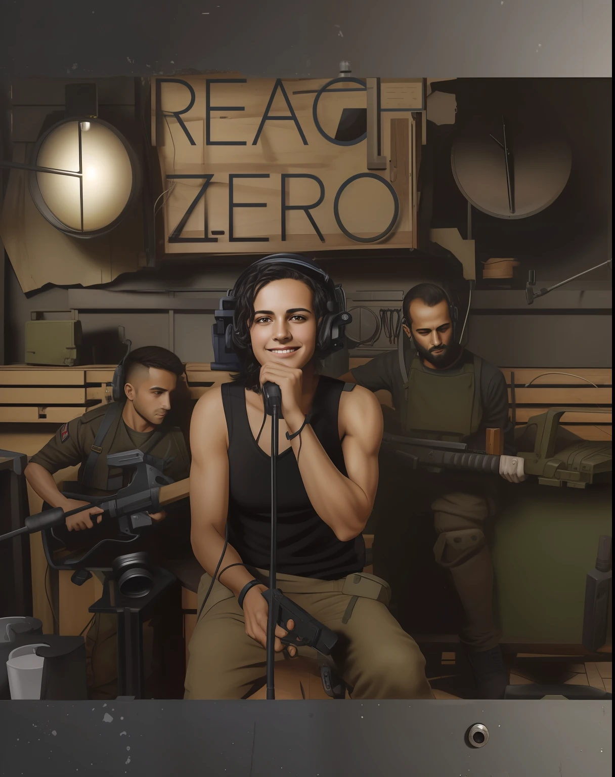 absurd resolution, alta resolução, (obra-prima: 1.4), hiper-detalhe, messy short black hair of young man, soldado vestido, olhar sorridente, factory high-tech workbench, Technology detection screen