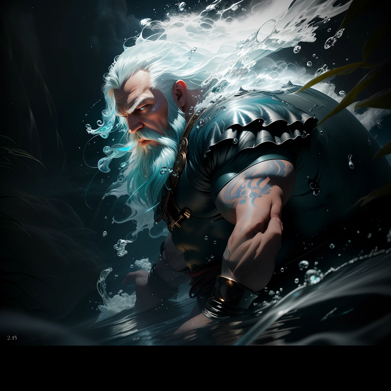 refractions，Reflective，Caustics，（Water giant:1.5），（A giant formed by water:1.3），Bluebeard，Color hair，Transparent body，body of water，watery skin，Evoke seawater，，Magic light，Waves of hot particles obscured the sky，Splashes ，unreal-engine,Character IP，clean backdrop, stereograms, Atmospheric perspective, 8K, Super detail, ccurate, Best quality, Award-Awarded