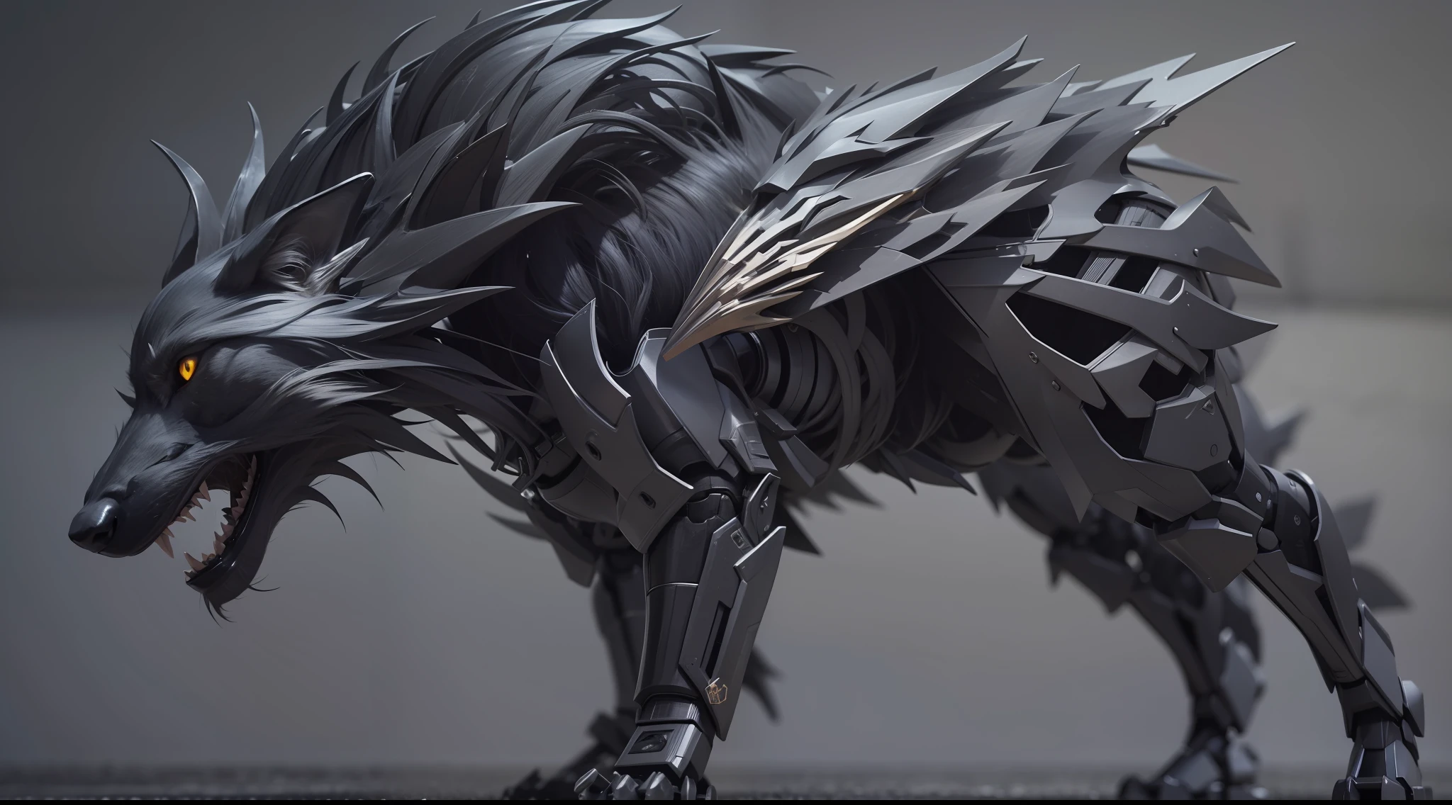 High quality 8K wallpaper，A wolf，Crawling on the ground，Pure black，Mecha texture details，Sculptural texture，Advanced rendering，Background cleaning，Look up at the audience，Black textured metal mechanical wings。