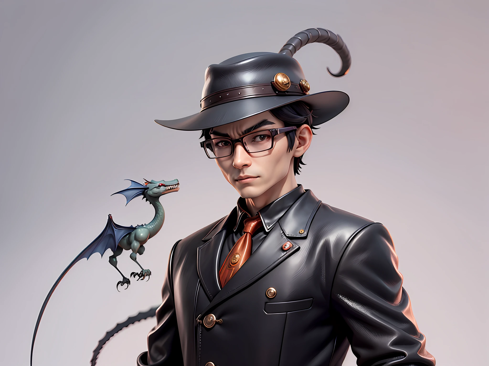 Young man with oriental face in leather hat, dragon, formal suit, short black hair, silver glasses, digital painting, 3D character design by Mark Clairedon and Pixar and Hayao Miyazaki and Akira Toriyama, the illustration is a high-definition illustration in 4K resolution with very detailed facial features and cartoon-style visuals.