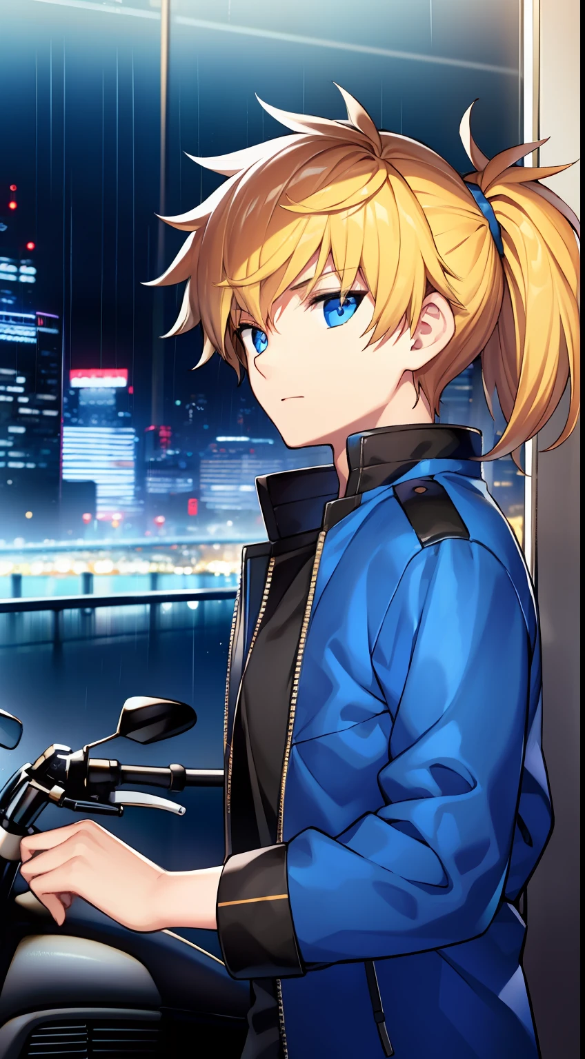 1boy,Drive a motorcycle,Faraway view,Golden hair,pony tails,blue color eyes,the night,Rainy days,city neon light,jaket