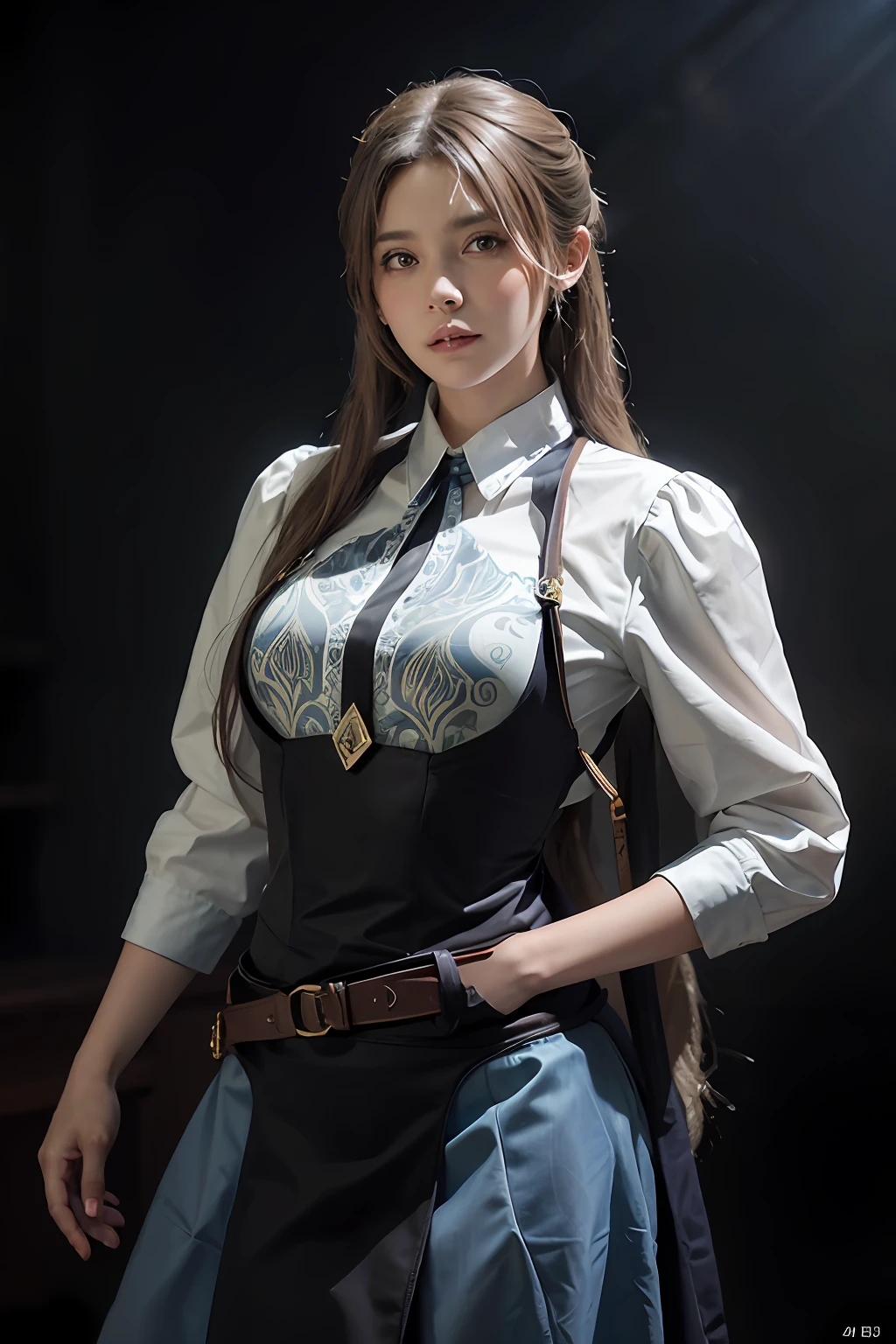 Hyperrealist portrait of female by david hockney and alphonse mucha,fantasy art, photo realistic, dynamic lighting, artstation, poster, volumetric lighting, very detailed faces, 4 k, award winning,, 1girl, in the dark, deep shadow, low key,cowboy shot,(official clothing:1.4) ,long hair,white hair,