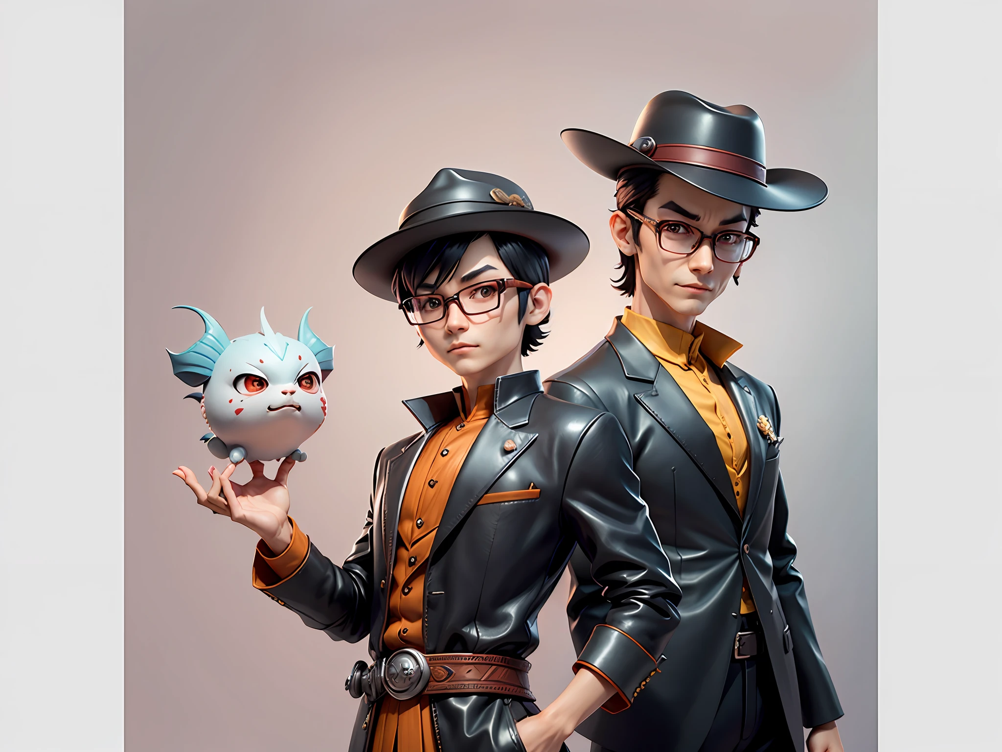 Young man with oriental face in leather hat, dragon, formal suit, short black hair, silver glasses, digital painting, 3D character design by Mark Clairedon and Pixar and Hayao Miyazaki and Akira Toriyama, the illustration is a high-definition illustration in 4K resolution with very detailed facial features and cartoon-style visuals.
