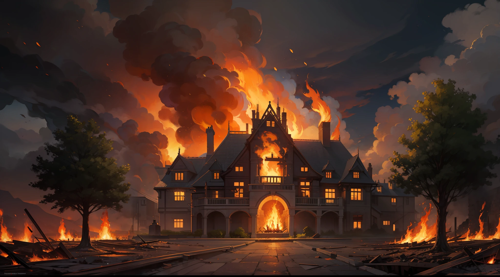 fantasy, medieval, burning duchy mansion, blazing flames, huge fire, background trees on fire, dynamic angle, rubbles, cloudy and dark skies