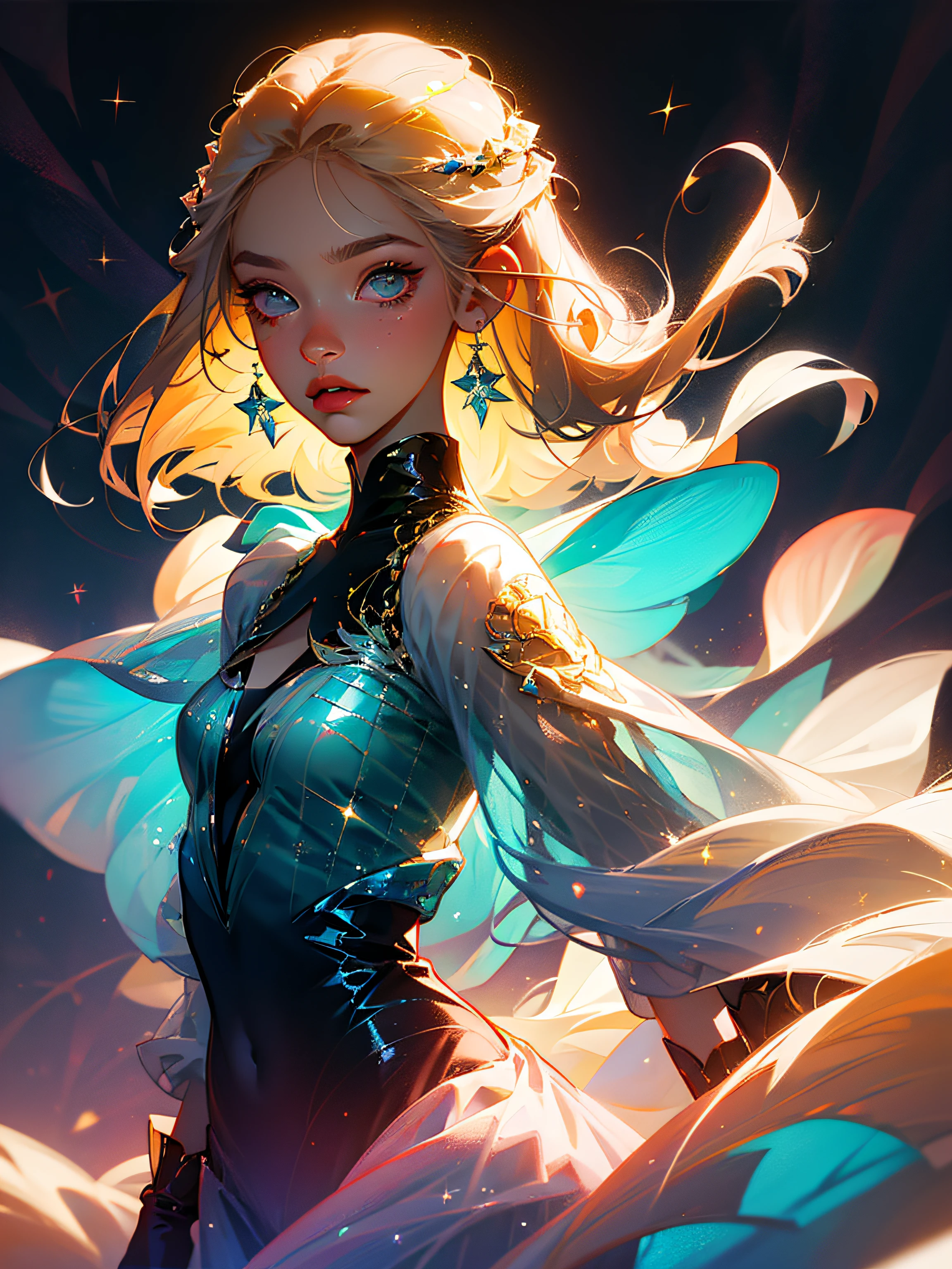 （Best quality at best，tmasterpiece），1girl，galaxias，glitters，shift dresses，Particle，ventania，florals，The upper part of the body，Dark simple background，looking at viewert，The blonde，  --s1 --auto
