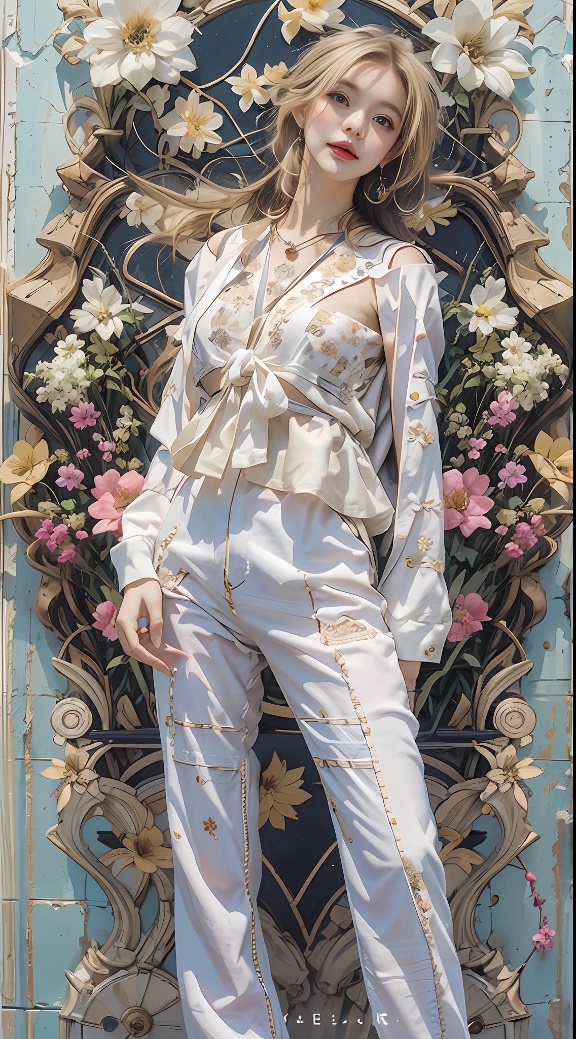 Brunette blonde woman, Dance pose movements,beauitful face,7 points,Second-person perspective,floated hair,Simple stitching geometric background,Flowers flutter in the sky,Simple columnar stitching background,Trendy clothing,Leaky shoulders,Jewelry with details,Stand in front of a background wall,Backshot,
