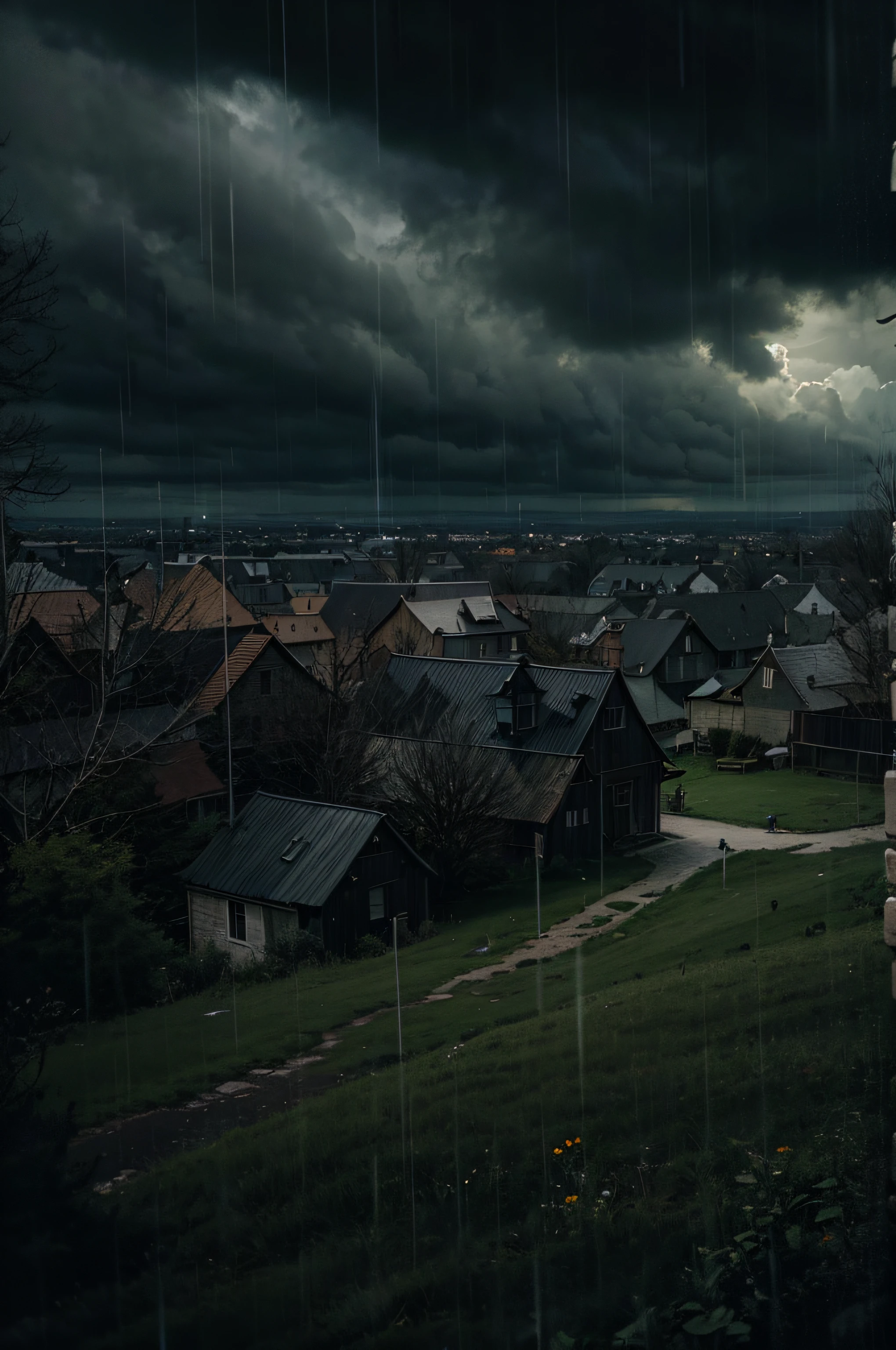 very big dark storm clouds, ultra detailed, on the top of a distant small gothic vilage in horizont, back ligting, realistic landsape, rainy atmosphere cinematic lighting, contrast lighting, raw --v 5.2