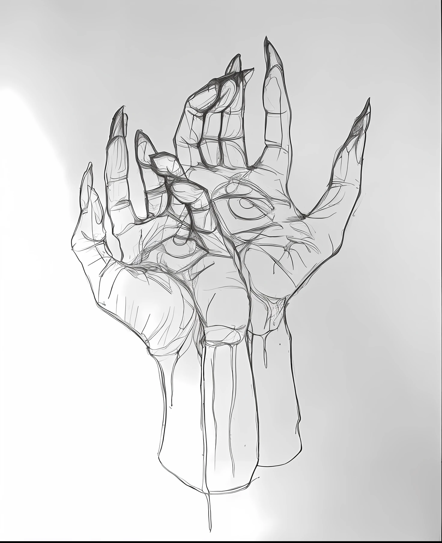 drawing of a hand with scissors on it, hand drawing, hand draw, hand instead of a face, detalhado, but rough, emerging hands, sketch drawing, perfectly drawn hands, detailed sketch drawing, hand of fear, outlined hand drawn, hard outline, fine art sketch, sketchy expressive linework, contornos escuros, fine art sketch, symmetrical hands