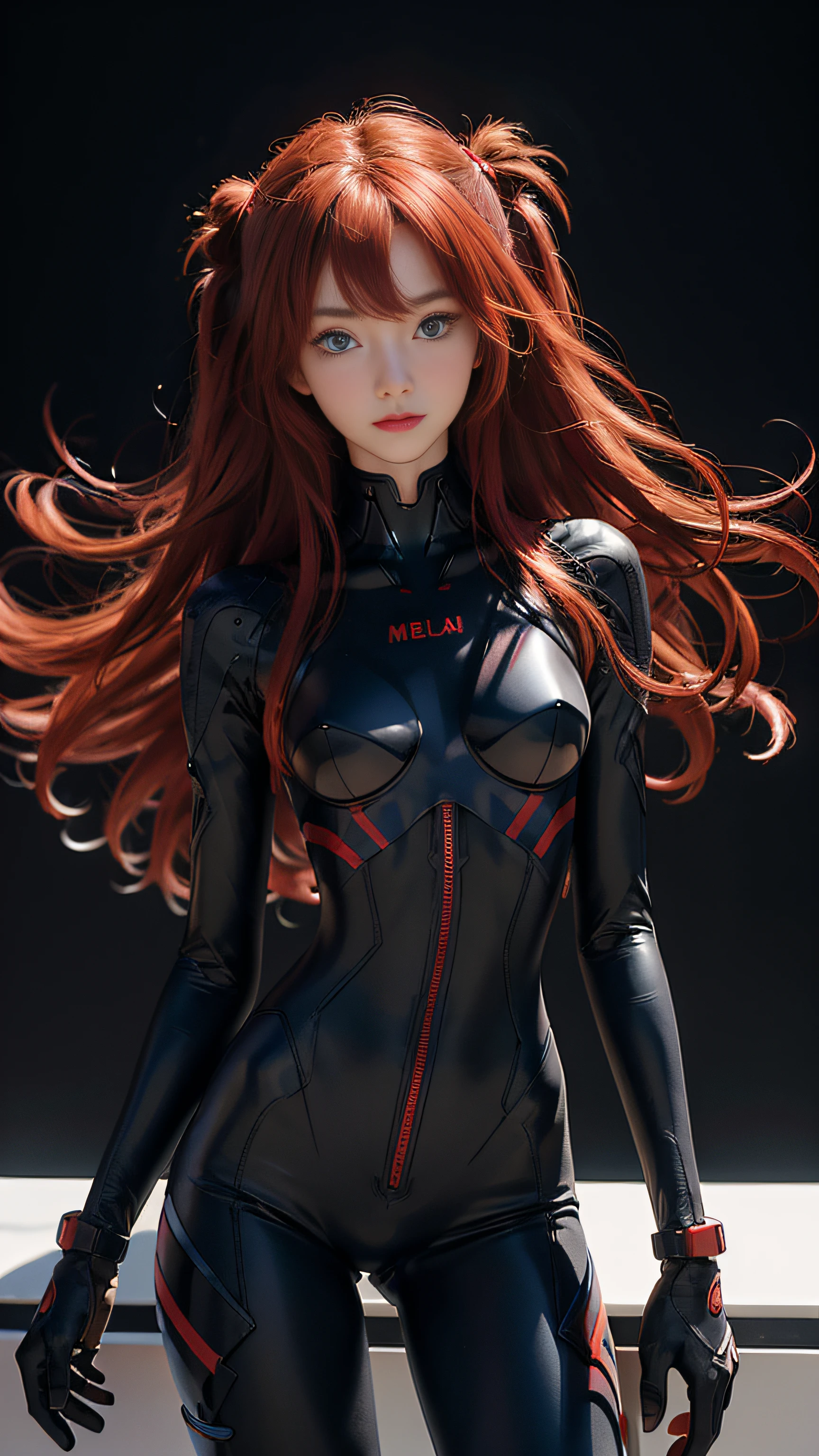 Super beautiful glowing eyes、red hairs、(((realisitic)))a picture, ​masterpiece, top-quality, 1girl in, a slender waist, top-quality, pale-skinned, Suryu Aska Langle, Plug Suit 02, Black background, (Face and eye details:1.1), Unique, red blush, ((full of shyness)), extremely delicate and beautiful girl, dynamicposes, (to8contrast style),