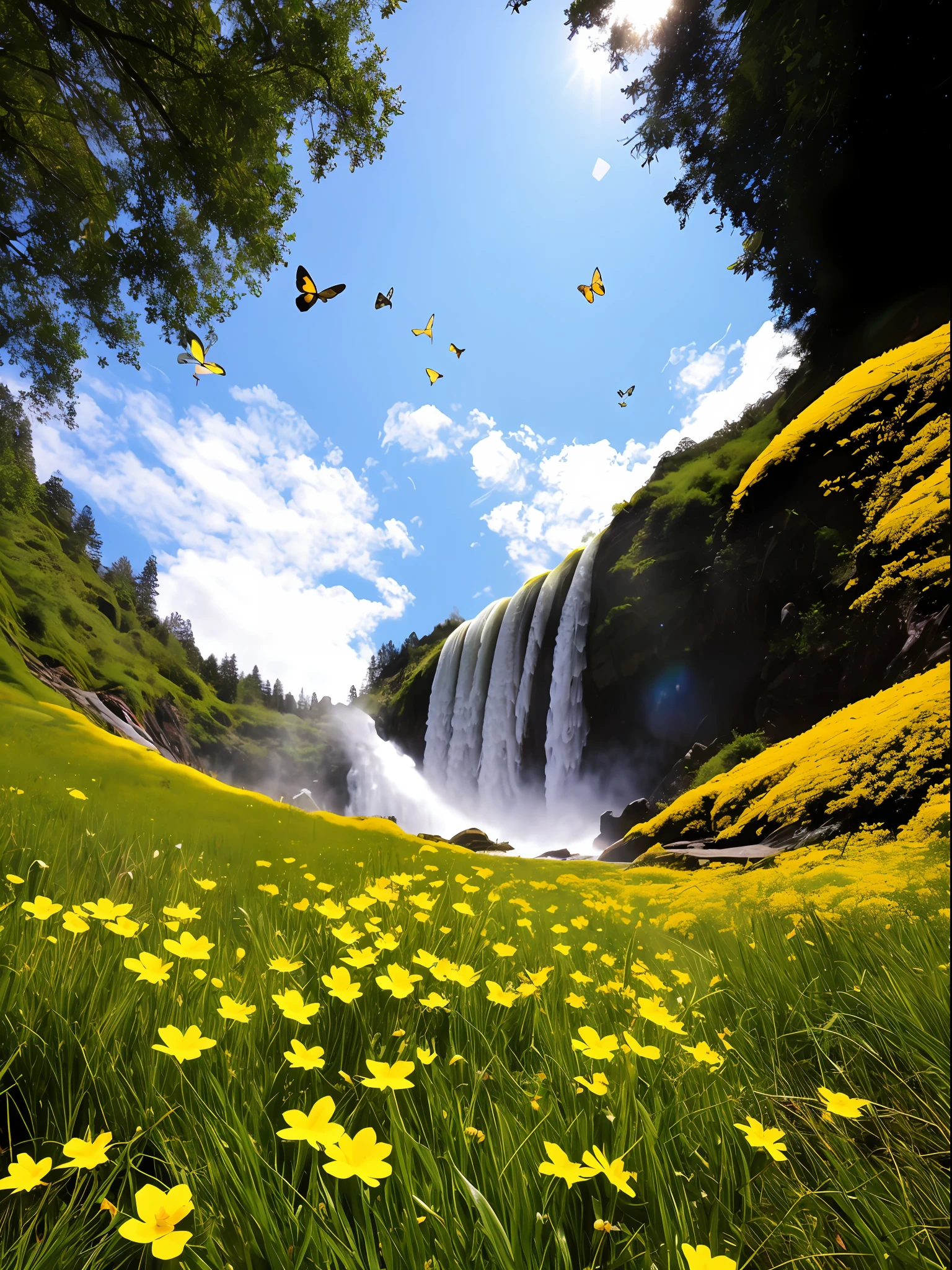 Always cute gold gradation and a silver gradation chasing bowl falls on the grass with small yellow flowers,Two butterflies fluttering,White clouds hang low in the blue sky like marshmallows
