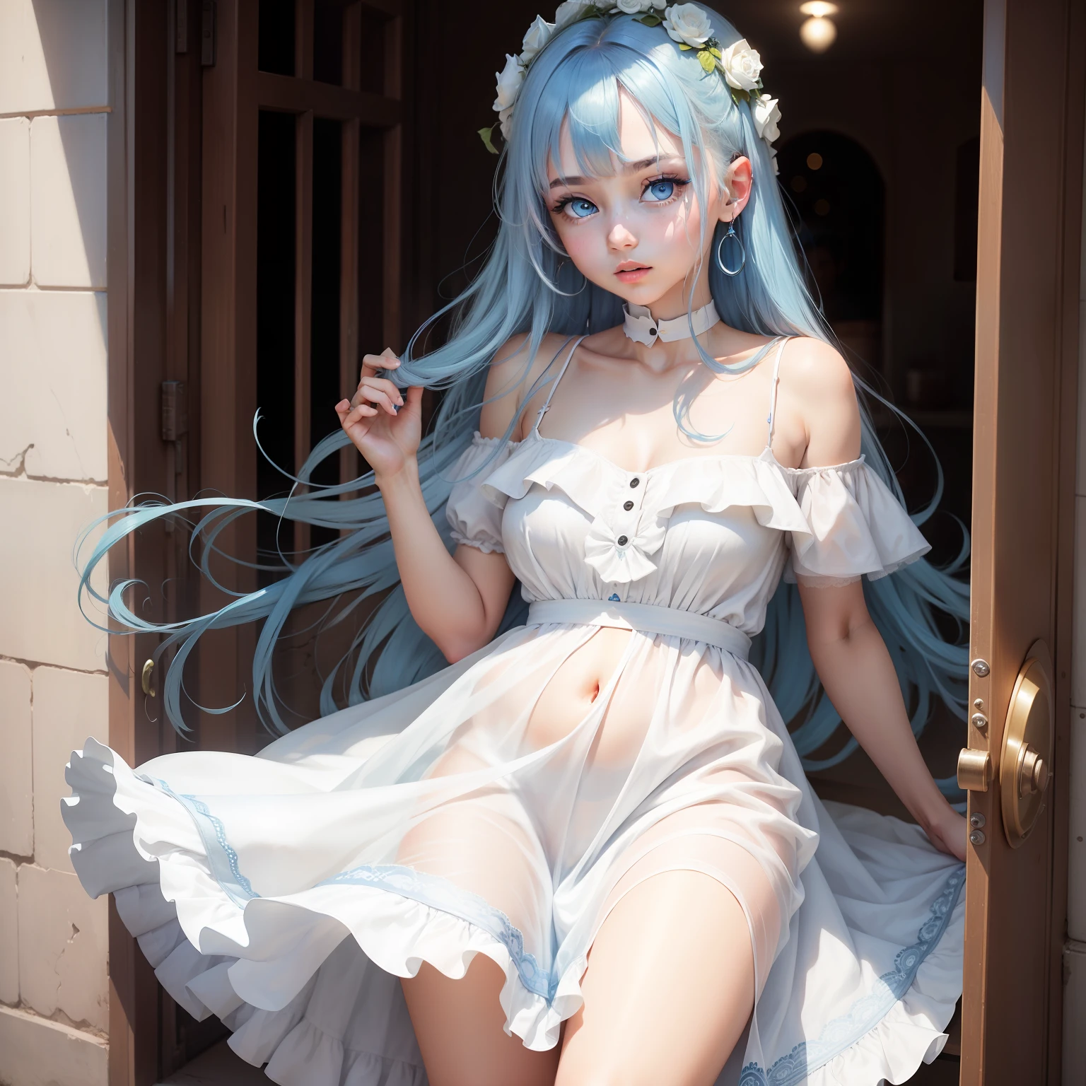 a girl, blue hair, blue eyes, white dress