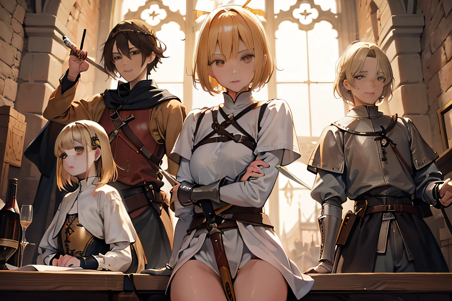 ,Perfect ,don quixote \(limbus company\, Naked、Blonde hair, Short hair, hair between eye, Orange Eyes, She straddles the bayonet、(Musketeers in medieval Europe )、hiqcgbody
