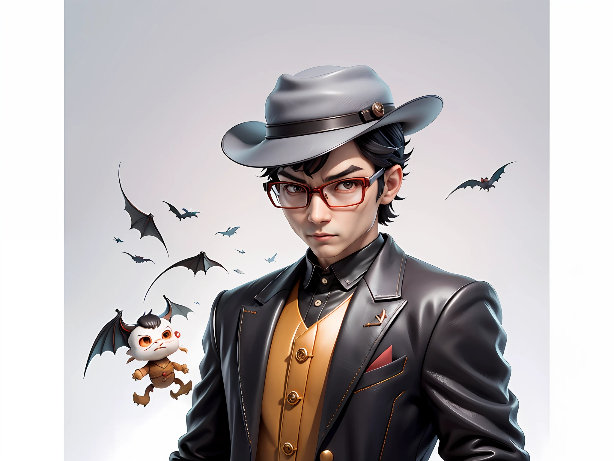 Young man with oriental face in leather hat, dragon, formal suit, short black hair, silver glasses, digital painting, 3D character design by Mark Clairedon and Pixar and Hayao Miyazaki and Akira Toriyama, the illustration is a high-definition illustration in 4K resolution with very detailed facial features and cartoon-style visuals.