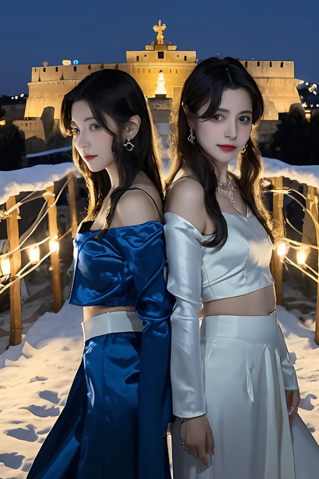 2girls,duo,navel,(silk,satin,on the Castel Sant'Angelo of Rome,crowd,winter,Snow),BREAK Night Light, Drama Light, Earrings, Necklace, Bracelet