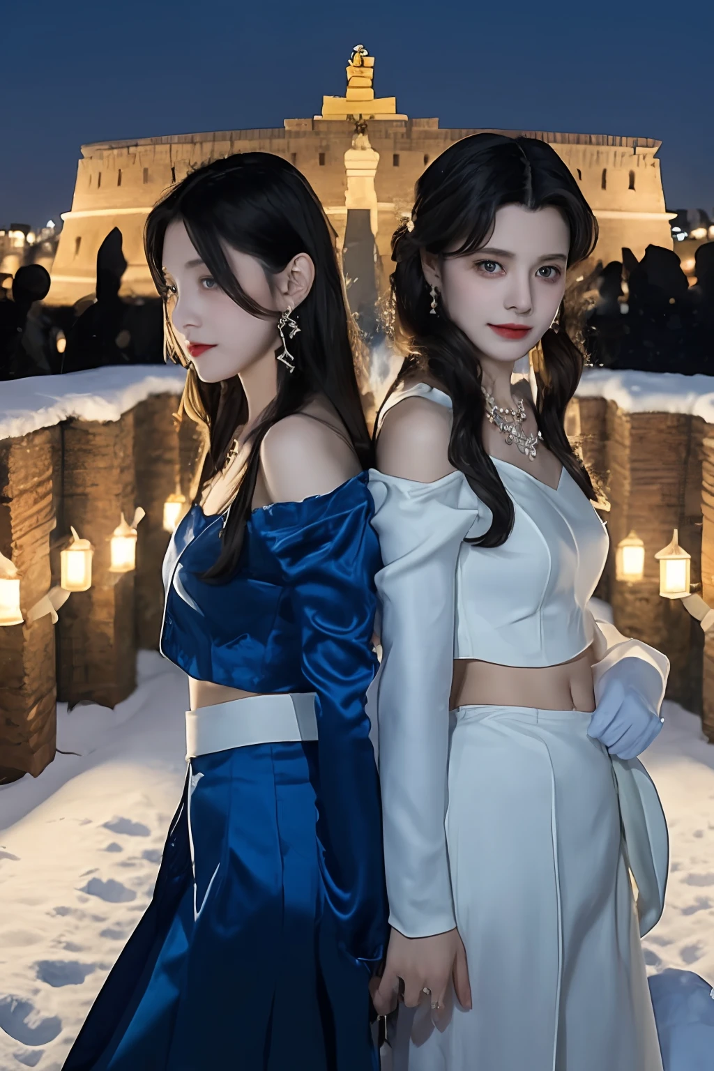 2girls,duo,navel,(silk,satin,on the Castel Sant'Angelo of Rome,crowd,winter,Snow),BREAK Night Light, Drama Light, Earrings, Necklace, Bracelet