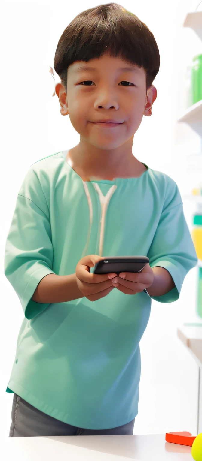 arafed boy holding a cell phone and smiling at the camera, ??? playing with slime monster, using a magical tablet, having a great time, hands on counter, ???, at the counter, taking control while smiling, swiping brushwork, perfect detail, performing, next gen, look at the details, smiling at camera, small wide smile, very slightly smiling