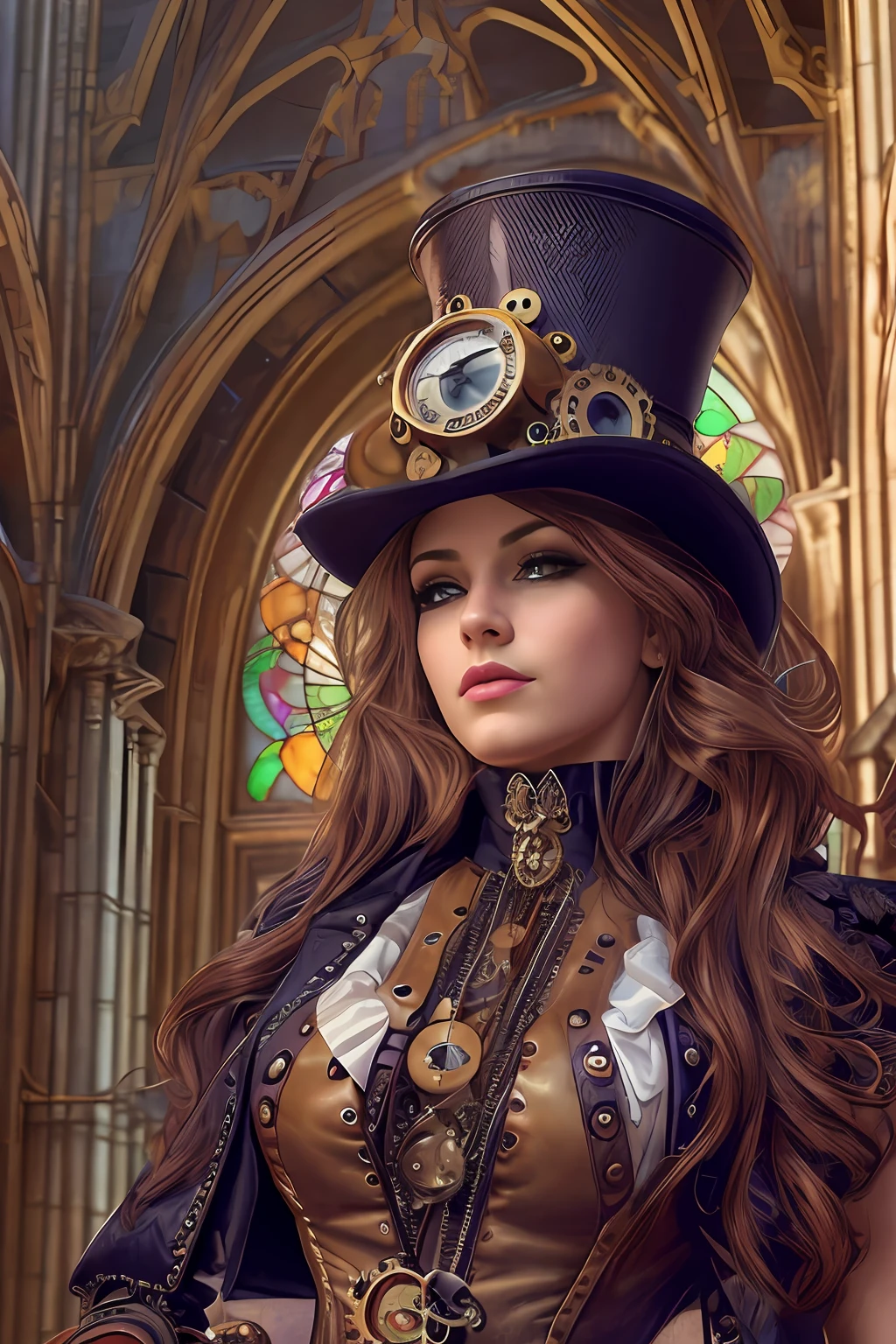 Hyperrealist full shot of a sexy steampunk gal by david hockney and alphonse mucha,photography art, photo hyper-realistic, dynamic lighting, artstation, poster, volumetric lighting, very detailed faces, 4 k, award winning, 1girl, gothic cathedral n background, deep shadow,(steampunk clothing:1.4) ,long hair, steampunk intricate top hat