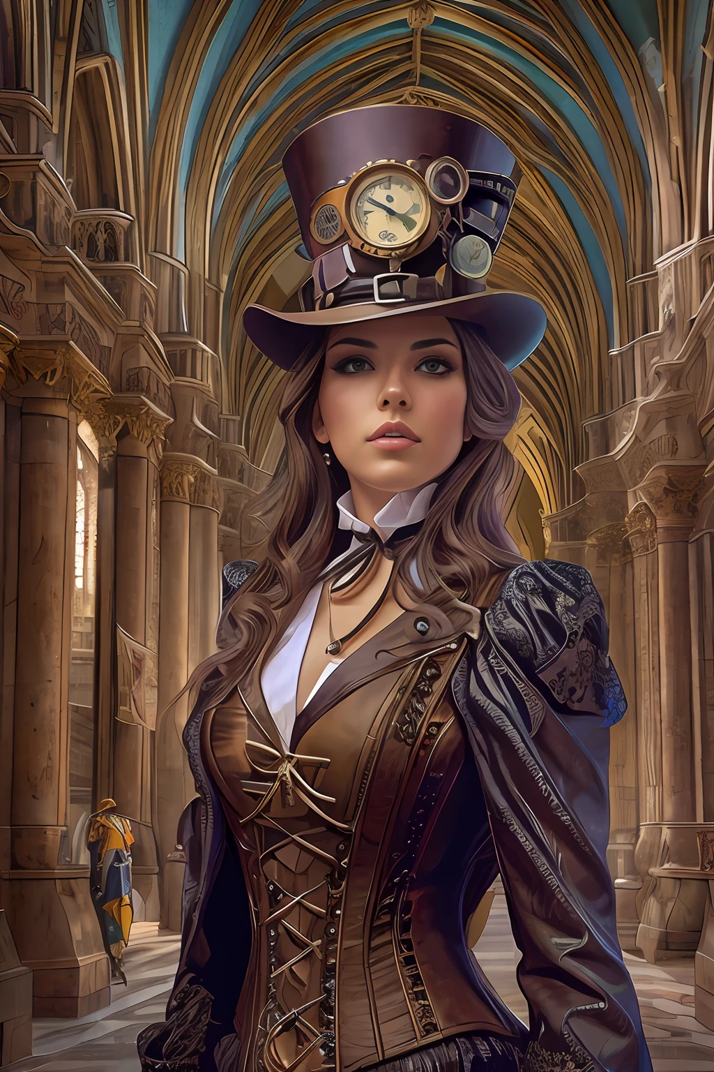 Hyperrealist full shot of a sexy steampunk gal by david hockney and alphonse mucha,photography art, photo hyper-realistic, dynamic lighting, artstation, poster, volumetric lighting, very detailed faces, 4 k, award winning, 1girl, gothic cathedral n background, deep shadow,(steampunk clothing:1.4) ,long hair, steampunk intricate top hat