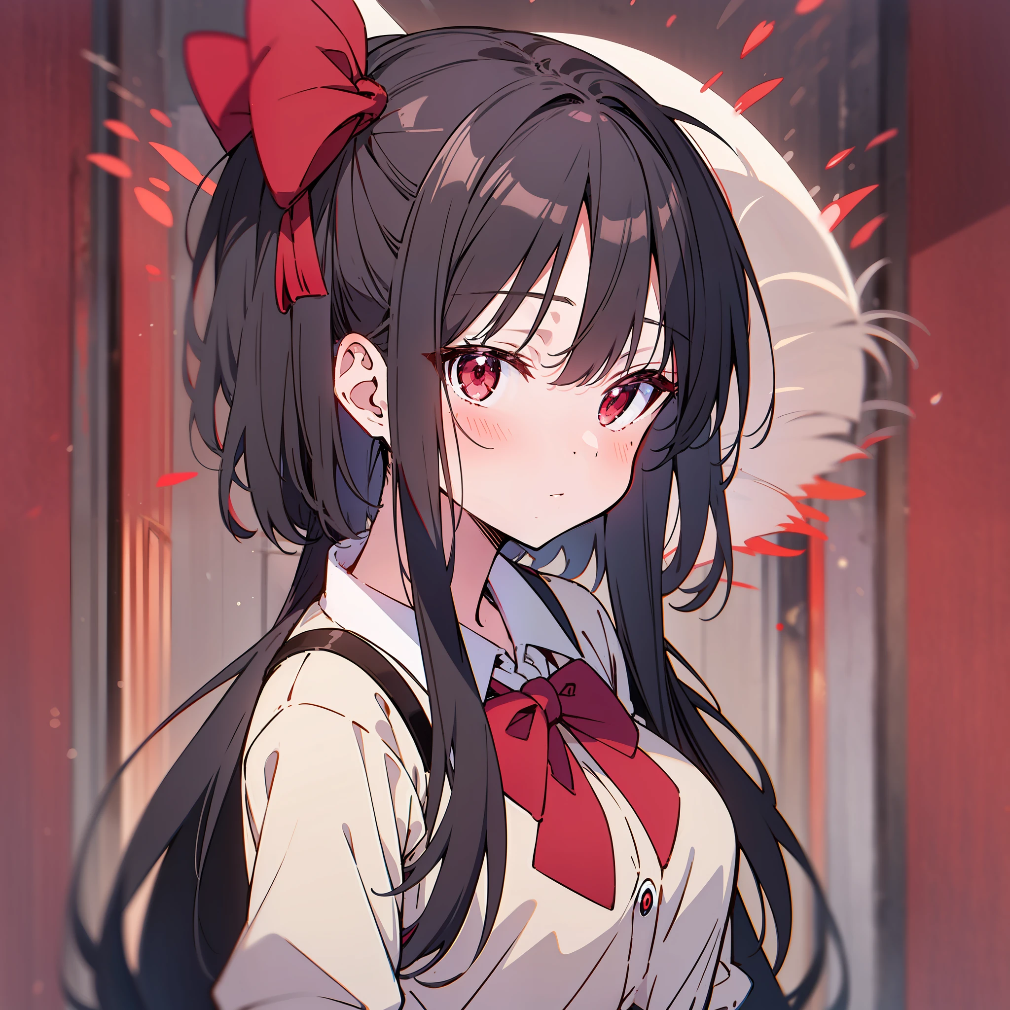 Red color long hair black bow hair band single ponytail forehead slightly hair parted red eyes anime girl,Anime style,Cute anime,,magical little girl