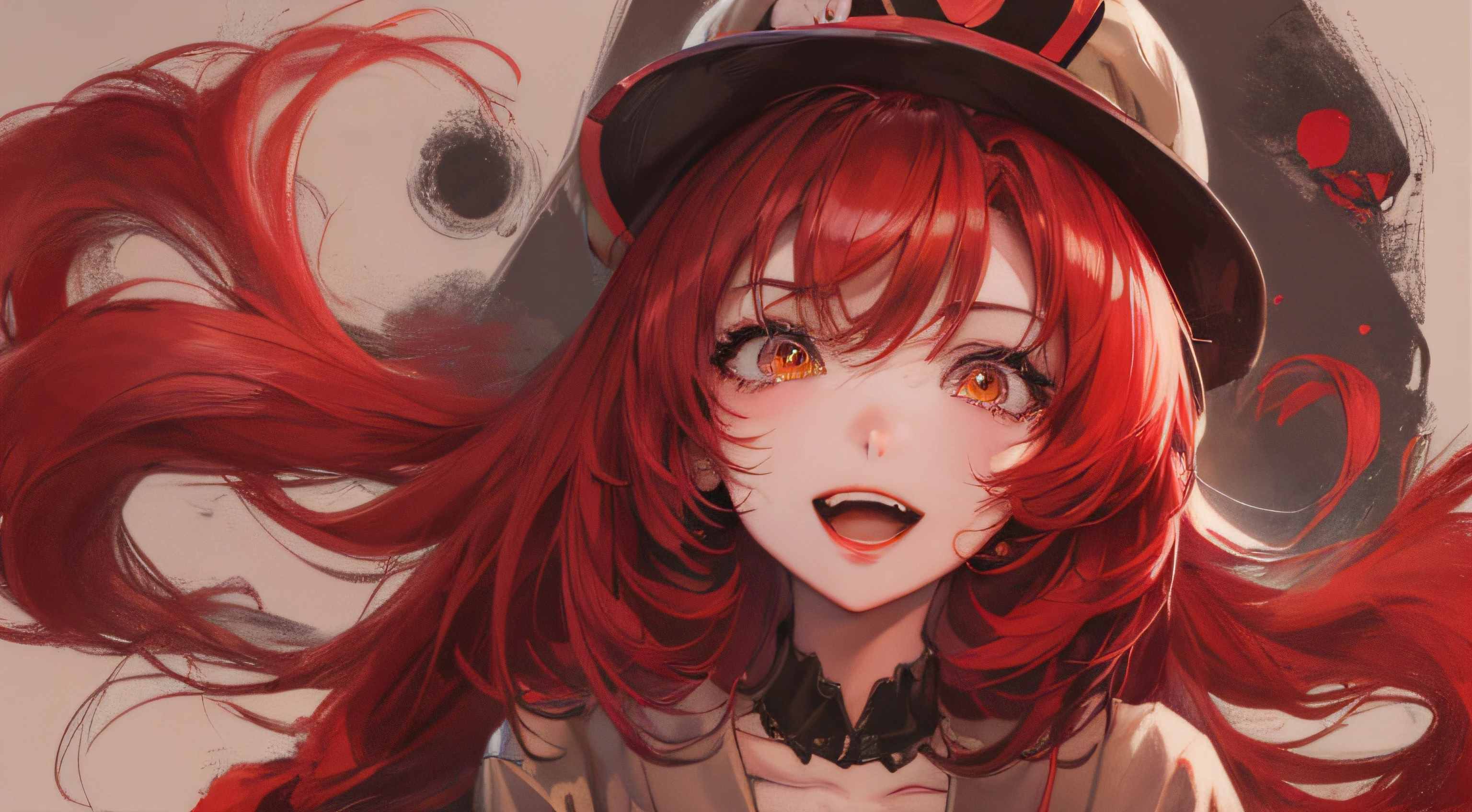 Anime girl with red hair and hat with brush, style of anime4 K, portrait anime girl, Cute anime girl portrait, Cute anime girl, anime art style, Anime art wallpaper 4 K, Anime art wallpaper 4k, portrait of cute anime girl, High Quality Anime Art Style, Anime style portrait, [[[[grinning evily]]]]
