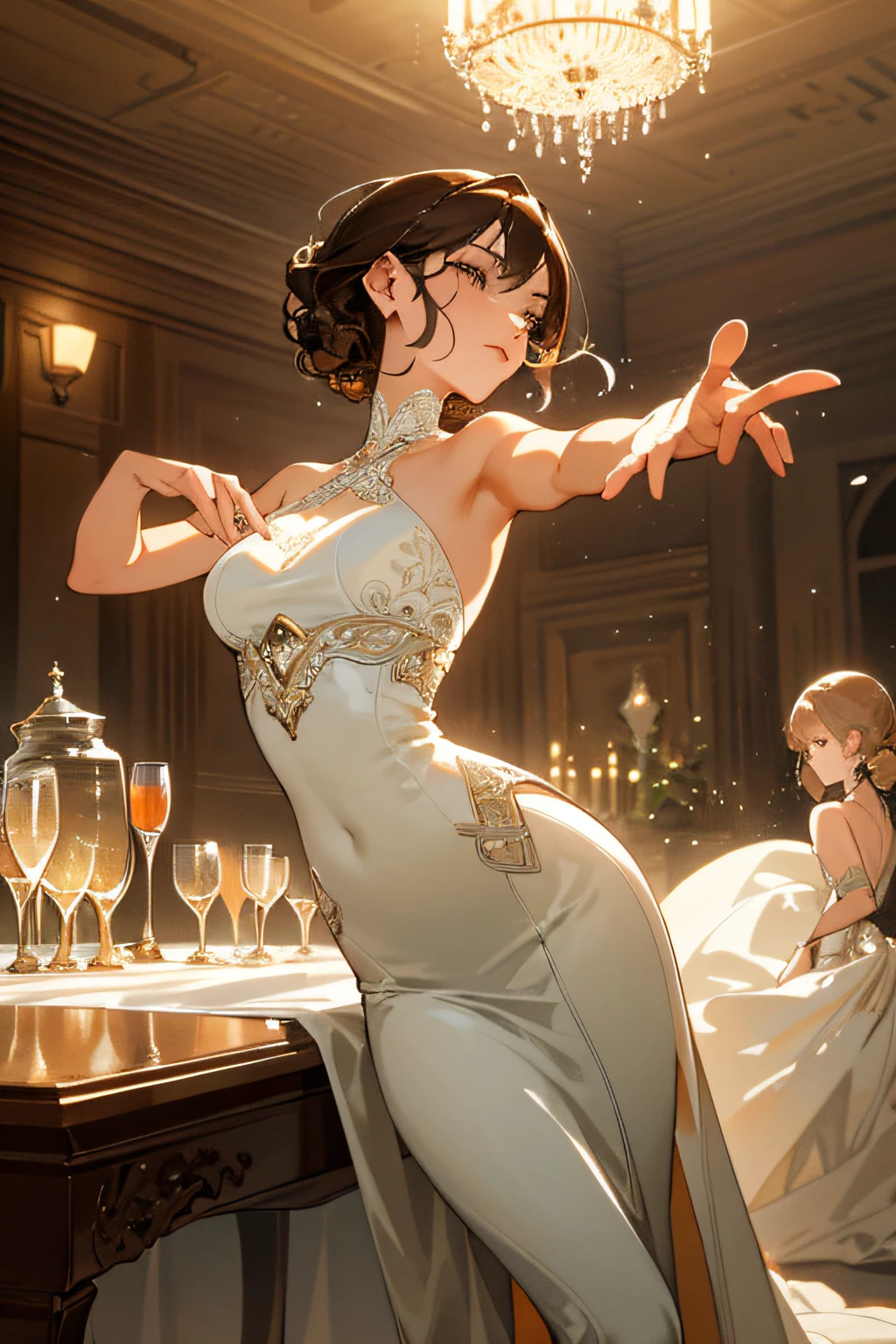 ((Masterpiece,Ultra-detailed, Intricate details, Best quality,illustration)),1 pure white woman，Very sexy，Dancing girls, Solo, Brown hair, White dress, glass, restaurant, Night, indoor, Luxurious, elegant, Sophisticated, ellegance, Fashionab, gracefulness, Attractive, Alluring, Gorgeous, Stunning, attractive cleavage, Lovely, Charming, pretty, Beautiful detailed face, Beautiful detailed eyes, soft expression, full pouty lips, Slim figure, Curvy, Hourglass figure, Moderate Bust, Slender arms, graceful hands, delicate finger, Slim wrists, Elegant neck, Bare shoulders, Smooth skin, Slender waist, floating dress, Intricate lace patterns, Translucent fabric, High slit, Long hem, Elegant heels, intricatedesign, White color scheme, Subtle shadows, Dim lighting, Warm color tones, Wooden furniture, comfortable seating, Glossy table, Crystal glassware, Condensation on glass, Wine, drink, beverage, Refreshing, fragrant, Sparkling, Crisp, Effervescent, Mouthwatering, Refreshing atmosphere, relaxing, Peaceful, tranquil, serene, soothing, comfortable atmosphere, Exquisite background music, Live jazz performance, Subtle sound, Soft murmur, Ambient noise, Artistic composition, Visually striking, Harmonious color scheme, Balanced composition, Professional execution