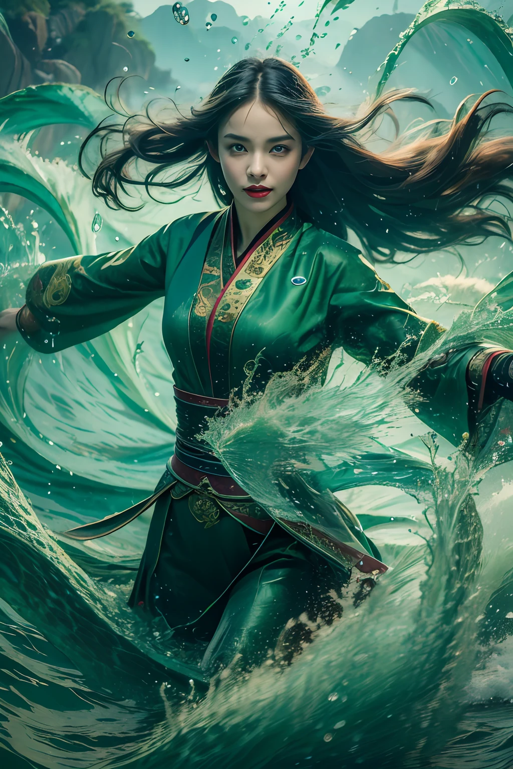 The best picture quality, masterpiece, super high resolution, legendary plot, jade water tree, girl solo, dark green long hair, floating in the sea, water ripples, rain flying, red lips slightly opened, the whole body shines.chinesedragon