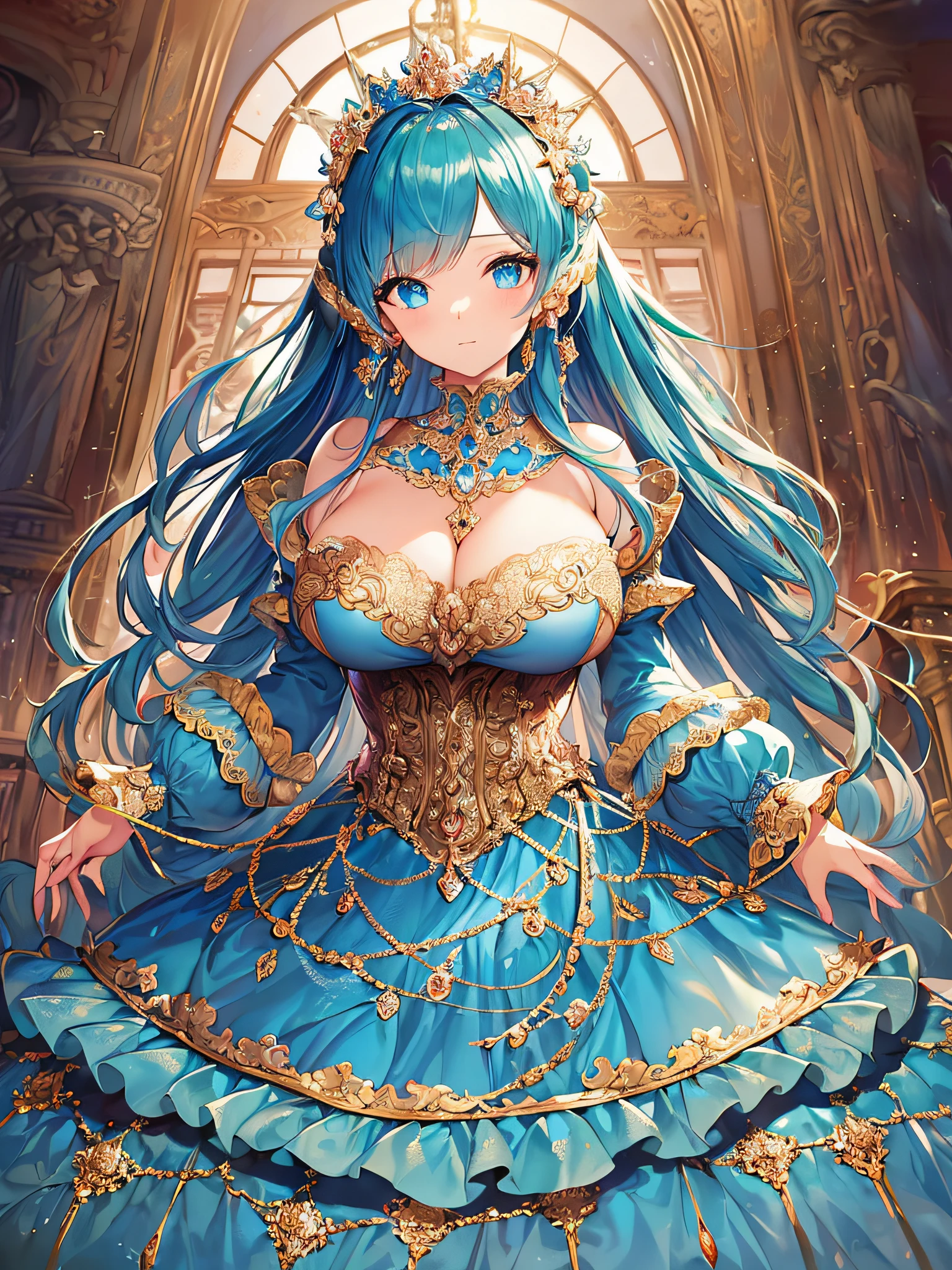 ((anime artstyle)),(Masterpiece),(Best Quality), (Super Detail),((Very Delicate and Beautiful)),((Solo)),((full body)),((1 princess in gorgeousfull rococo dress)),detailed face and eyes,jewel-like eyes,((voluminous Very Long Straight Hair)),((gigantic breasts,Long breasts)),skindentation,((gorgeousfull embroidery and lace)),gorgeous corsage,See-through,gorgeousfull hair ornament,gorgeousfull glitter jeweled tiara,ornate ruffles,((full body)),((hoop skirt,crinoline)),Dynamic Angle,Looking at viewer,royal victorian palace,(((gorgeous embroidery gorgeousfull rococo dress)),full body