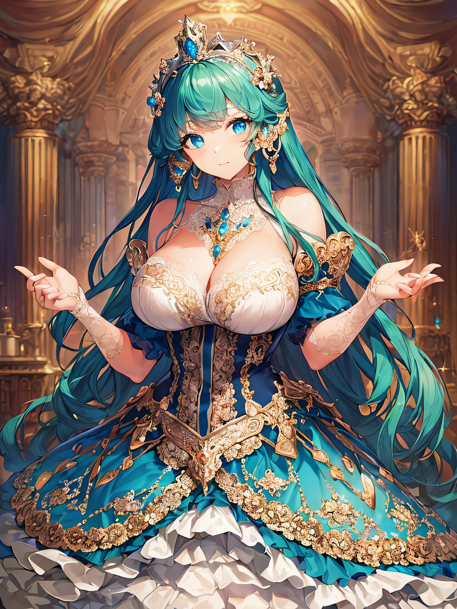 ((anime artstyle)),(Masterpiece),(Best Quality), (Super Detail),((Very Delicate and Beautiful)),((Solo)),((full body)),((1 princess in gorgeousfull rococo dress)),detailed face and eyes,jewel-like eyes,((voluminous Very Long Straight Hair)),((gigantic breasts,Long breasts)),skindentation,((gorgeousfull embroidery and lace)),gorgeous corsage,See-through,gorgeousfull hair ornament,gorgeousfull glitter jeweled tiara,ornate ruffles,((full body)),((hoop skirt,crinoline)),Dynamic Angle,Looking at viewer,royal victorian palace,(((gorgeous embroidery gorgeousfull rococo dress)),full body