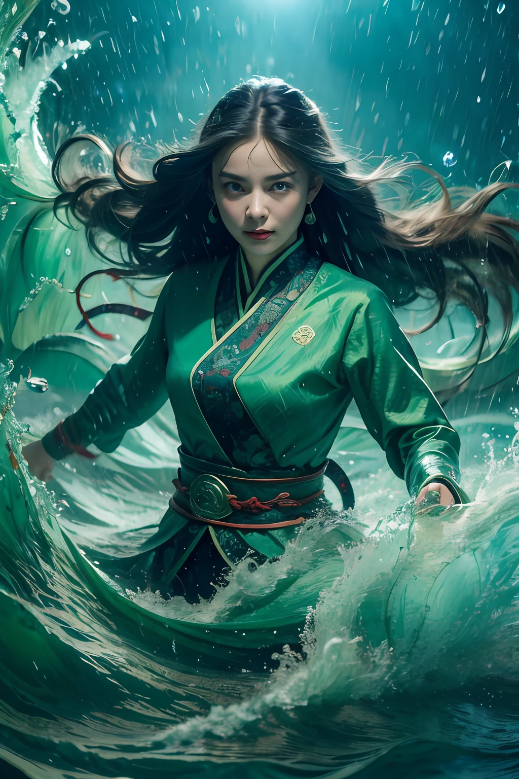 The best picture quality, masterpiece, super high resolution, legendary plot, jade water tree, girl solo, dark green long hair, floating in the sea, water ripples, rain flying, red lips slightly opened, the whole body shines.chinesedragon