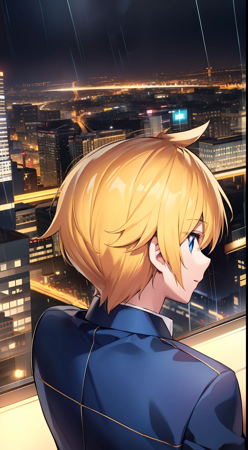 1boy,Faraway view,Golden hair,pony tails,blue color eyes,the night,Rainy days,city neon light