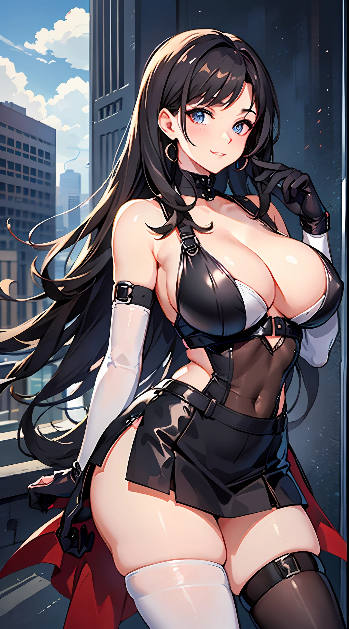 8K,tmasterpiece,bset quality,The large,(1个Giant Breast Girl),Tifa Lockhart,red color eyes,Top-down view,The rooftops of the city,brunette color hair,long whitr hair,profesional lighting,(shiny skins:1.2),shiny big,((best qualtiy)),tack sharp focus:1.2,Highly Detailed Face and Skin Textur,Detailed eyes,s the perfect face,Perfect body,blur art,CG,Background with,20yr old,Mature cool beautiful face,dressed in((Slip black skirt),black elbow gloves, white taut shirt,upper legs,Gilet blanc),Blushlush,Lively posture,(mittgal),Floating hair,Close-up above the chest,ssmile,cleavage