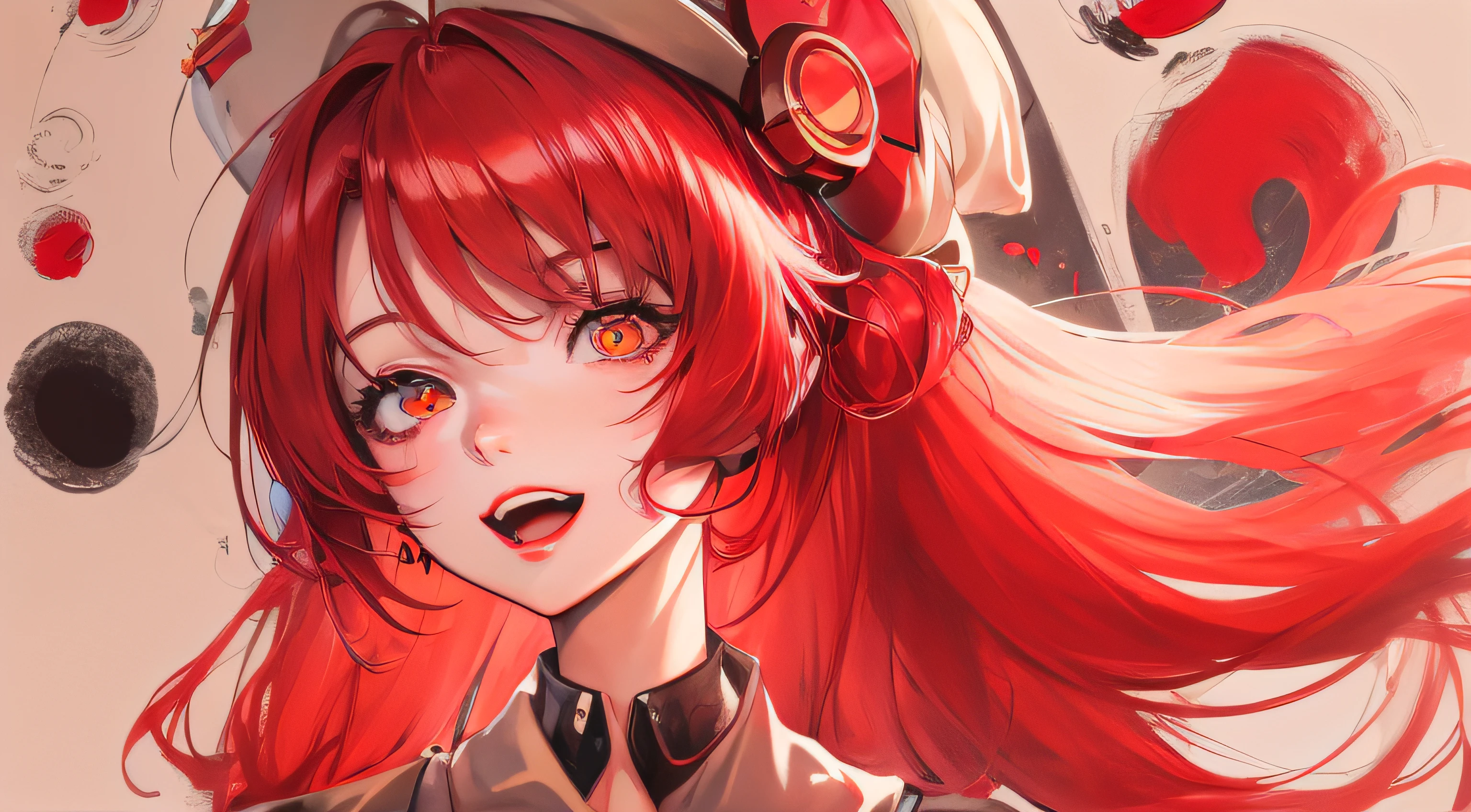 Anime girl with red hair and hat with brush, style of anime4 K, portrait anime girl, Cute anime girl portrait, Cute anime girl, anime art style, Anime art wallpaper 4 K, Anime art wallpaper 4k, portrait of cute anime girl, High Quality Anime Art Style, Anime style portrait, [[[[grinning evily]]]]