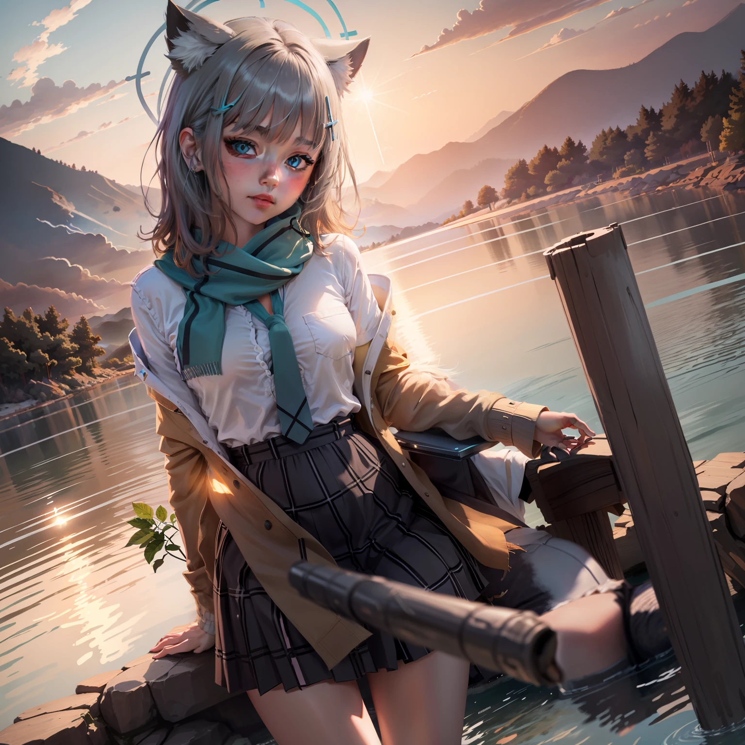 1个Giant Breast Girl，mesmerizing eyes，Straight hair，Flowing skirt，A calm posture，Porcelain-like skin，Subtle blush，Crystal Pendant BREAK Prime Time，（edge lit）：1.2，a warm color palette，sunflare，soft shade，vivd colour，painterly effect，Fantastic atmosphere BREAK scenic lake，Far Mountain，willowy，Calm water surface，Reflectors，Sunlit clouds，tranquil ambiance，Idyllic sunsets，ultra - detailed，offcial art，统一 8k 壁纸，zentangle，datura