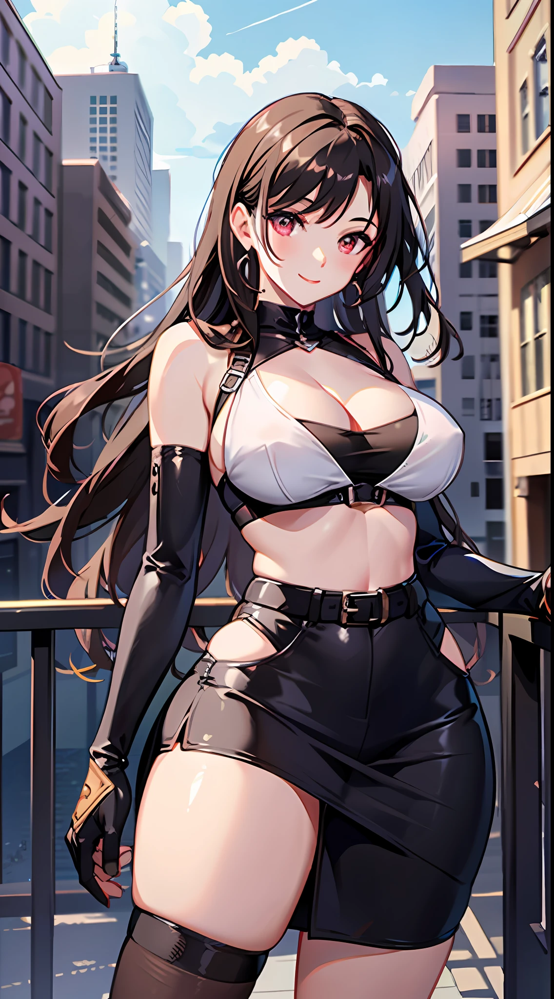 8K,tmasterpiece,bset quality,The large,(1个Giant Breast Girl),Tifa Lockhart,red color eyes,Top-down view,The rooftops of the city,brunette color hair,long whitr hair,profesional lighting,(shiny skins:1.2),shiny big,((best qualtiy)),tack sharp focus:1.2,Highly Detailed Face and Skin Textur,Detailed eyes,s the perfect face,Perfect body,blur art,CG,Background with,20yr old,Mature cool beautiful face,dressed in((Slip black skirt),black elbow gloves, white taut shirt,upper legs,Gilet blanc),Blushlush,Lively posture,(mittgal),Floating hair,Close-up above the chest,ssmile,cleavage