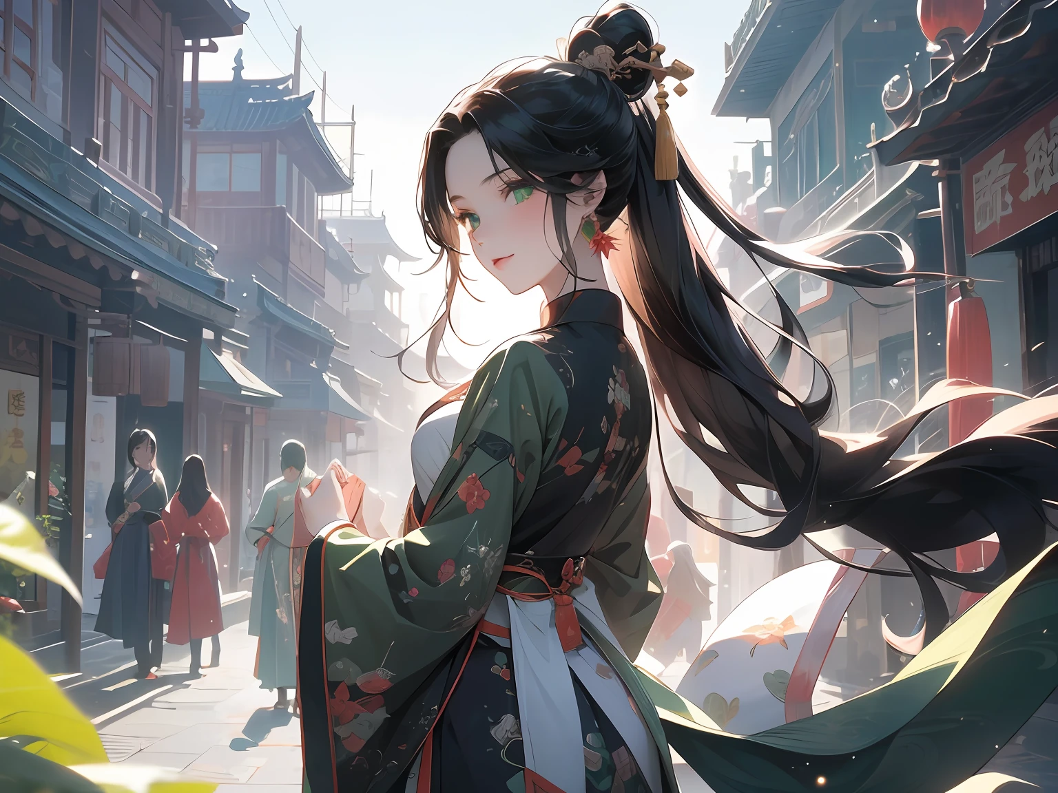 tmasterpiece，Ultra-clear image quality，1womanl，16 yaers old，Long black hair fluttering，Green eyes，ssmile，Pale green hanfu，Look up at the perspective，Background with:China's ancient streets are bustling，