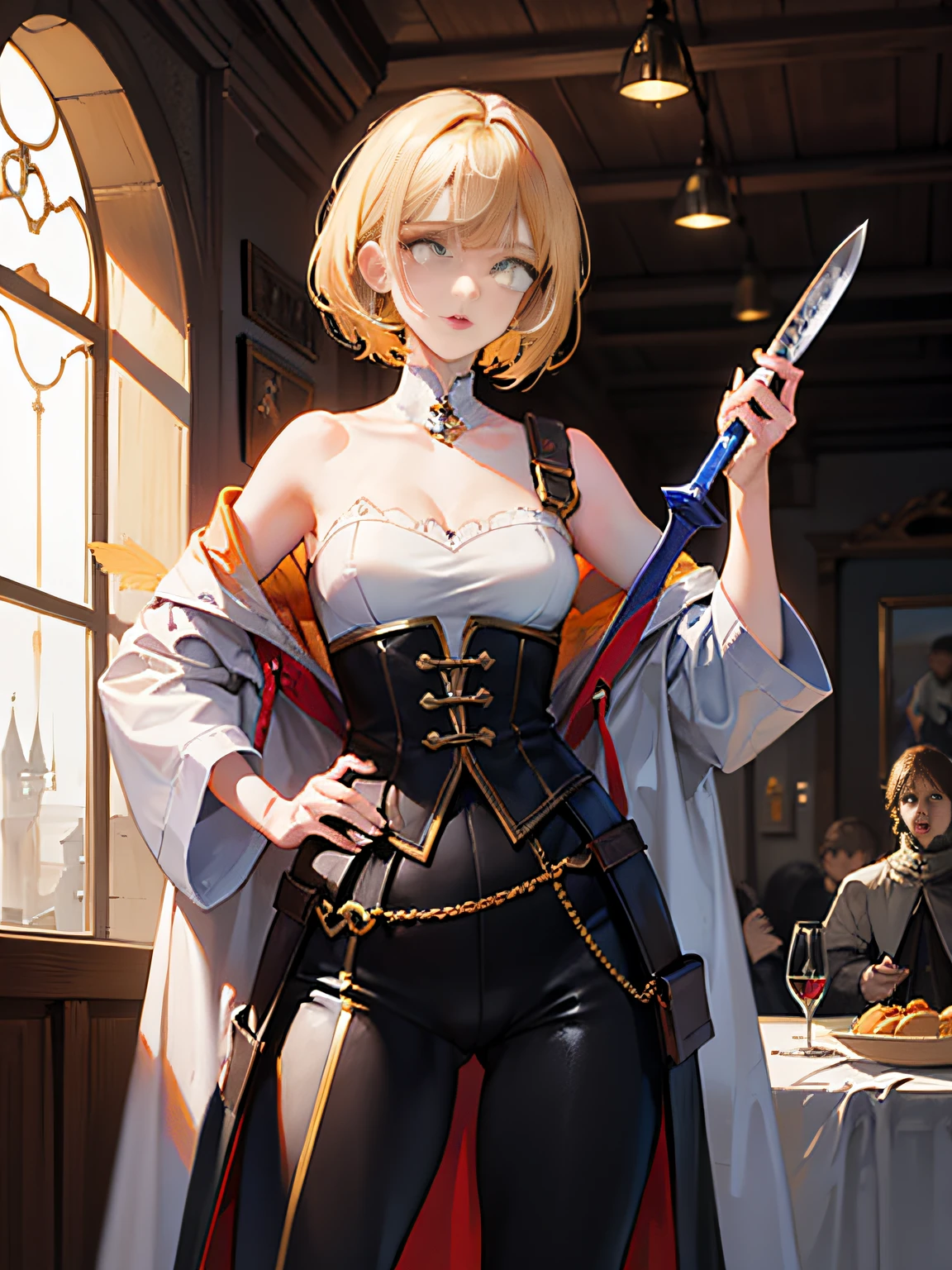 ,Perfect ,don quixote \(limbus company\, Naked、Blonde hair, Short hair, hair between eye, Orange Eyes, She straddles the bayonet、(Musketeers in medieval Europe )、hiqcgbody