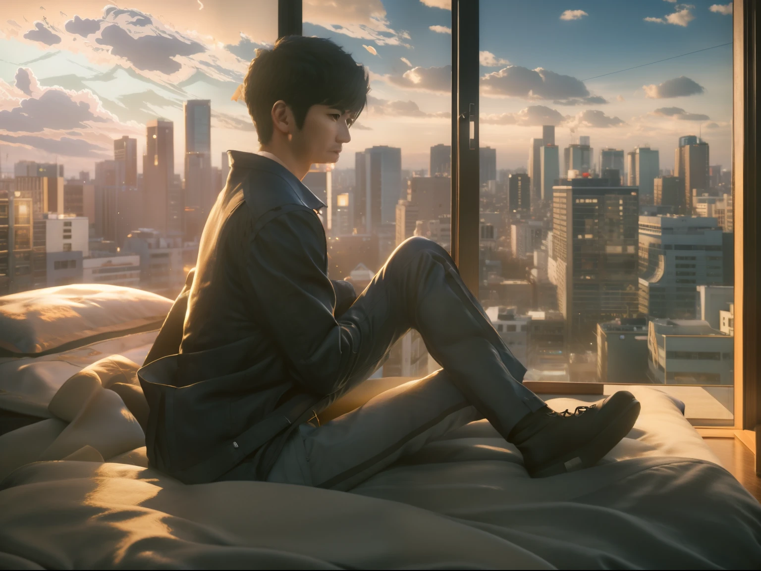 Anime characters sitting on beds in front of the window，Handsome anime pose，best anime 4k Konachang wallpapers，Smooth anime CG art，young anime man，clean and meticulous anime art，trending on artstation pixiv，City in the background，Soft lighting，Badass anime 8K，4k anime wallpapers，Anime art wallpaper 8K。